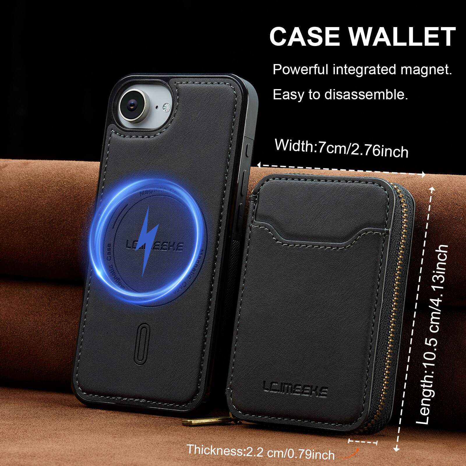 CASE WALLET  
Powerful integrated magnet.  
Easy to disassemble.  

Width: 7cm/2.76inch  
Thickness: 2.2 cm/0.79inch  
Length: 10.5 cm/4.13inch