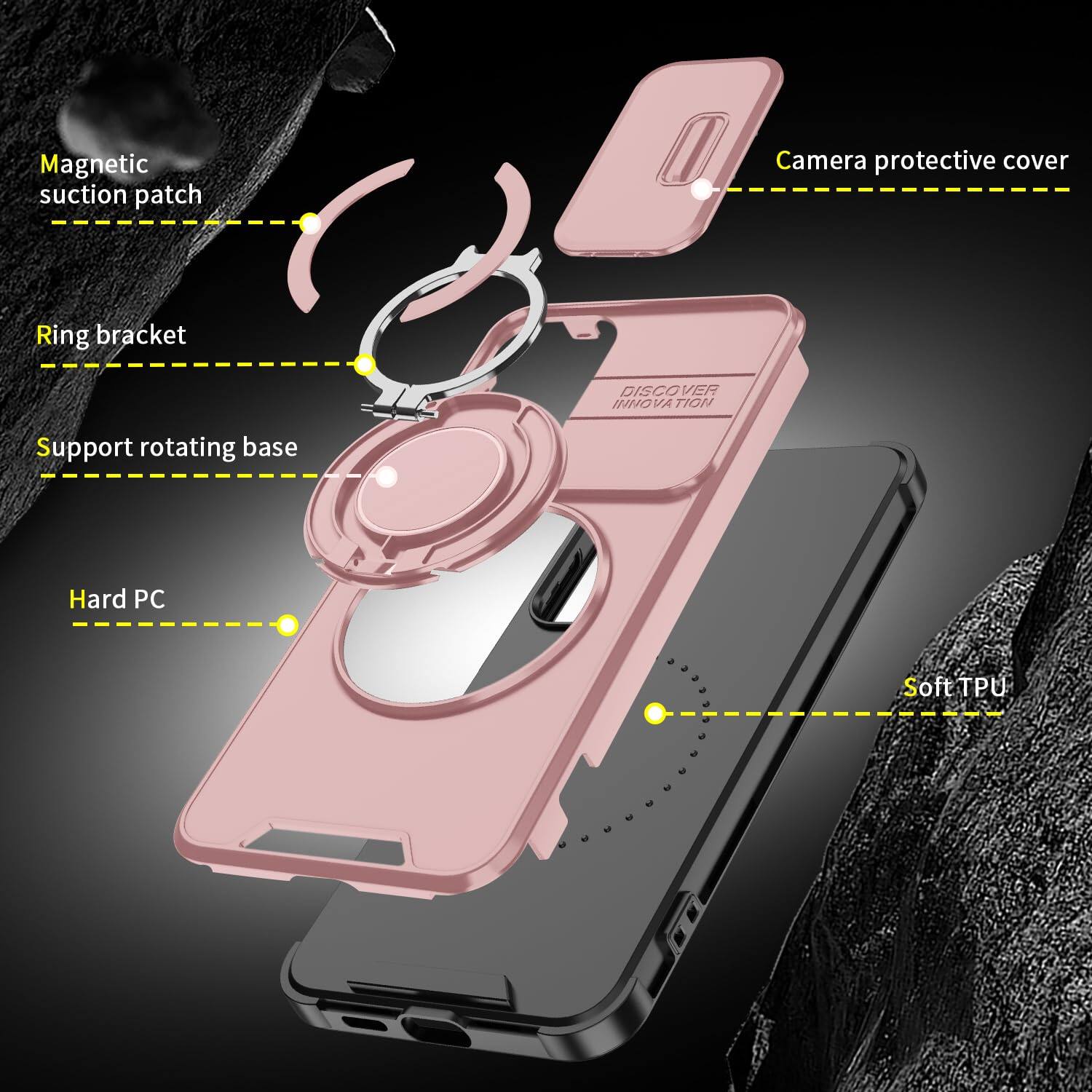 Magnetic suction patch  
Camera protective cover  
Ring bracket  
DISCOVER INNOVATION  
Support rotating base  
Hard PC  
Soft TPU