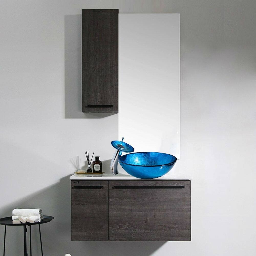 Left. Hivvago - Modern Blue Glass Bathroom Vessel Sink and Faucet with Chrome Drain - Blue.