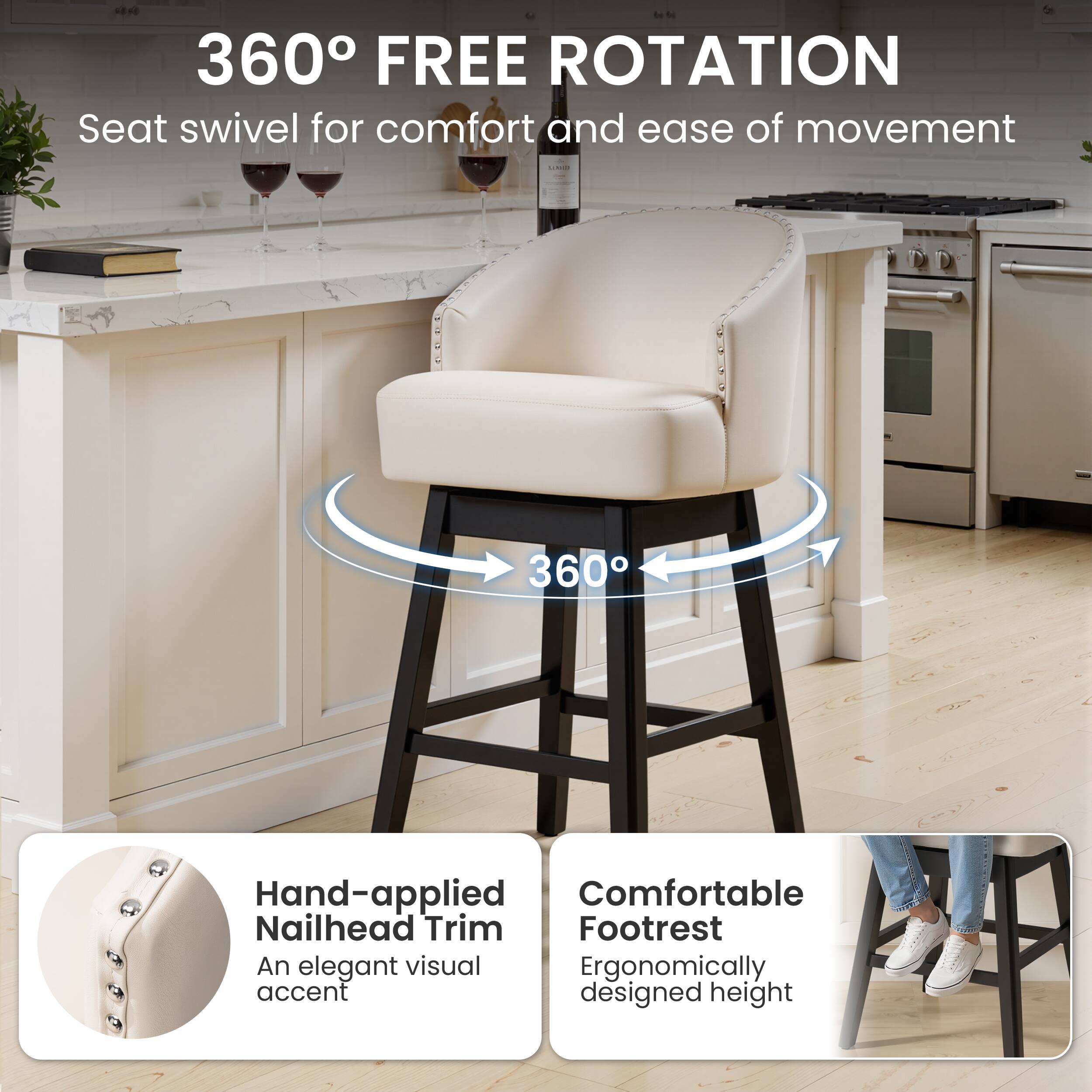 360° FREE ROTATION  
Seat swivel for comfort and ease of movement

Hand-applied Nailhead Trim  
An elegant visual accent

Comfortable Footrest  
Ergonomically designed height