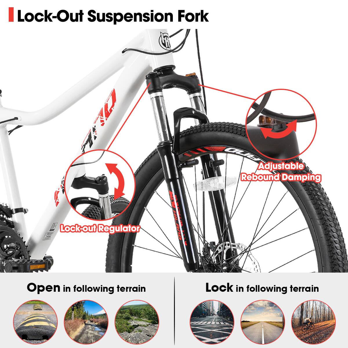 Lock-Out Suspension Fork - Adjustable Rebound Damping - Lock-out Regulator - Open in following terrain - Lock in following terrain