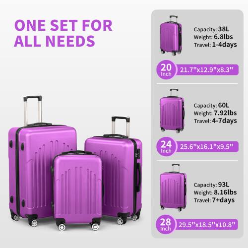 ONE SET FOR ALL NEEDS

- Capacity: 38L
  - Weight: 6.8lbs
  - Travel: 1-4 days
  - Size: 21.7"x12.9"x8.3" Inch

- Capacity: 60L
  - Weight: 7.92lbs
  - Travel: 4-7 days
  - Size: 25.6"x16.1"x9.5" Inch

- Capacity: 93L
  - Weight: 8.16lbs
  - Travel: 7+ days
  - Size: 29.5"x18.5"x10.8" Inch