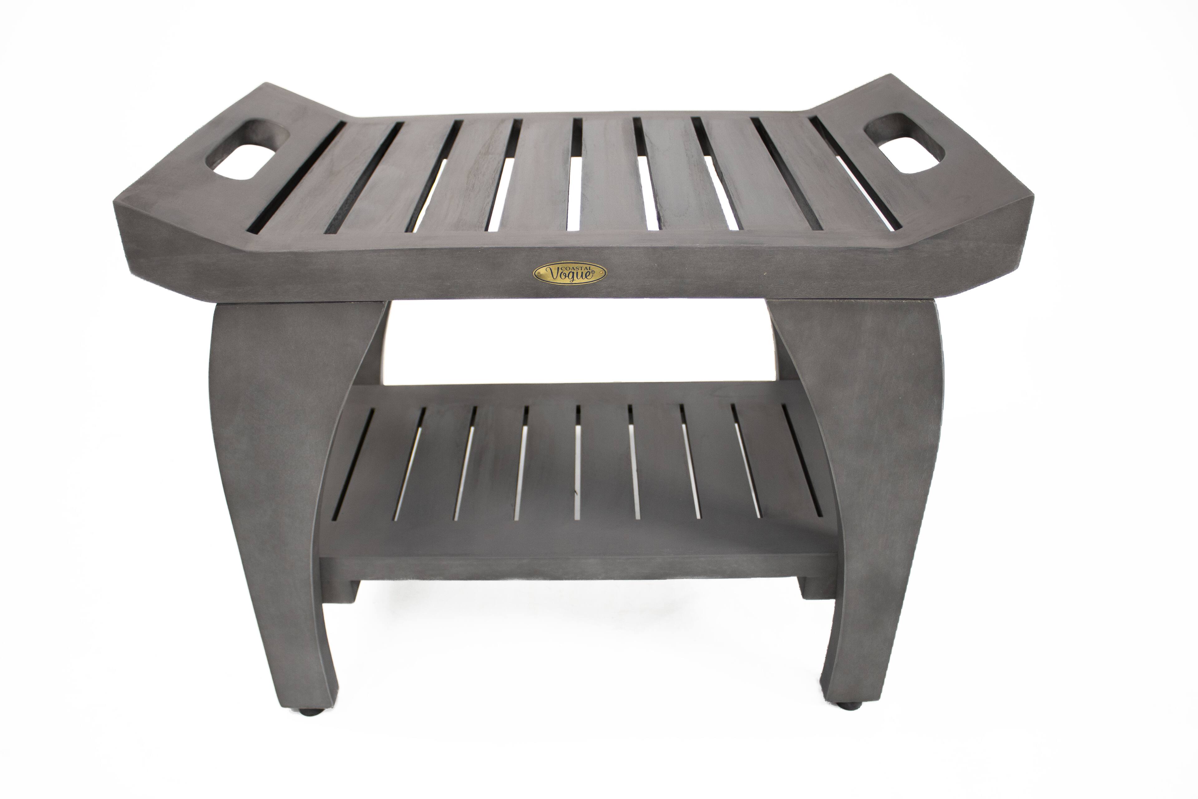 Front. CoastalVogue - CoastalVogue® Tranquility® 24" Teak Wood Shower Bench with Shelf and LiftAide® Arms in Antique Gray Finish - Antique Gray.