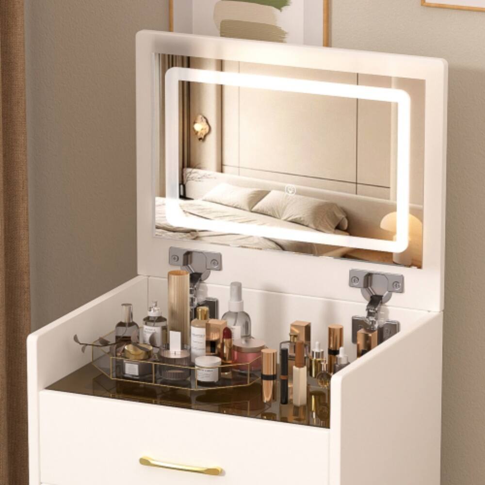 Alt View 1. LUCKY ONE - 3-in-1 Vanity Desk with Flip-up Mirror, Glass Desktop, 3 Drawers and Stool for Bedroom - White.