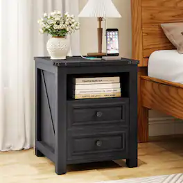 Vipbear - Farmhouse Nightstand with Charging Station 18" Night Stand Set of 2 Drawers Wood Bedside End Table - Gray