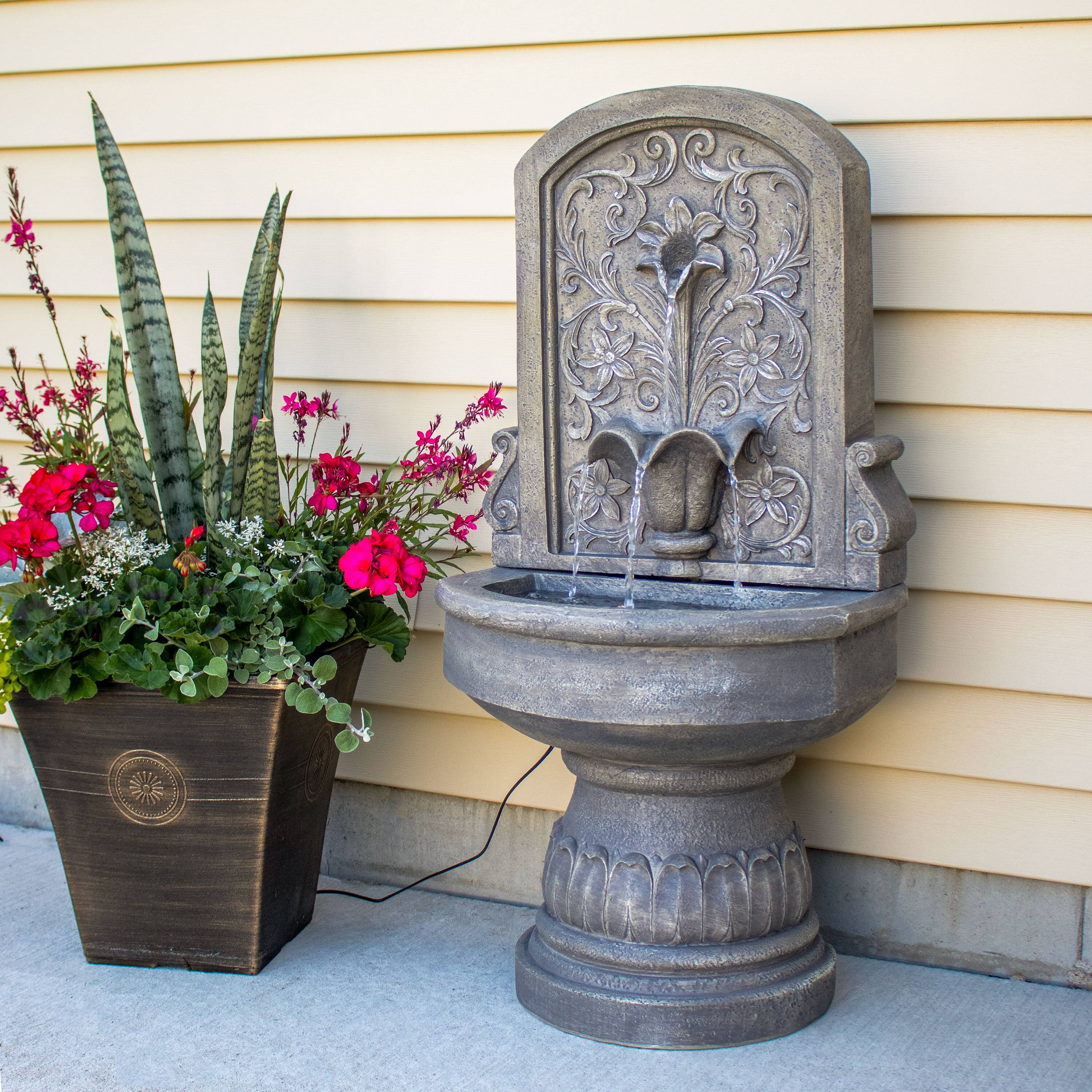 Alt View 1. Sunnydaze - Lovely Lily Polyresin Flat Back Outdoor Wall Fountain - Light Brown.