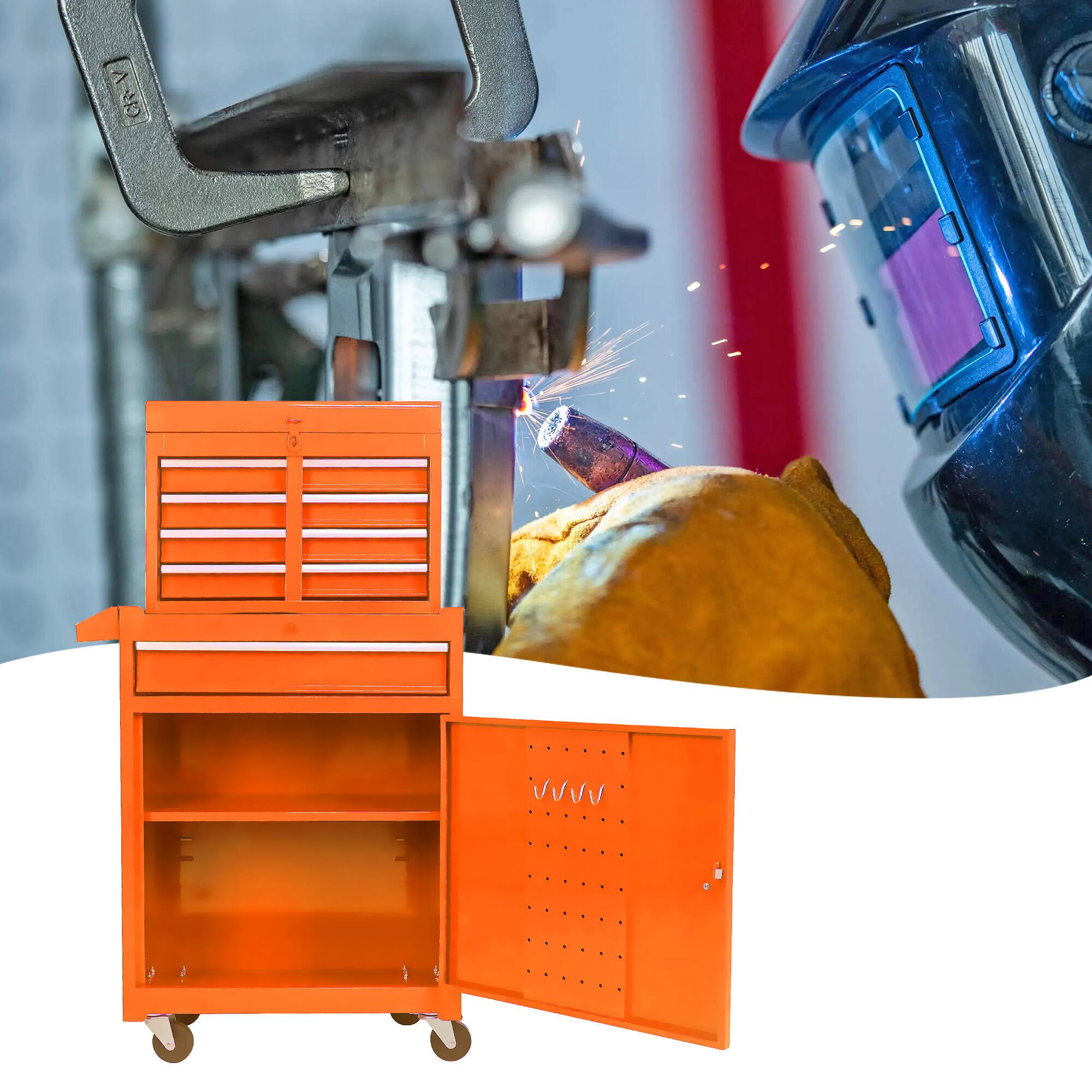 Left. Anysun - Anysun 5-Drawer Tool Organizer Cabinet with Adjustable Shelf and Lockable Wheels, Hook Holes for Garage Workshop - Orange.