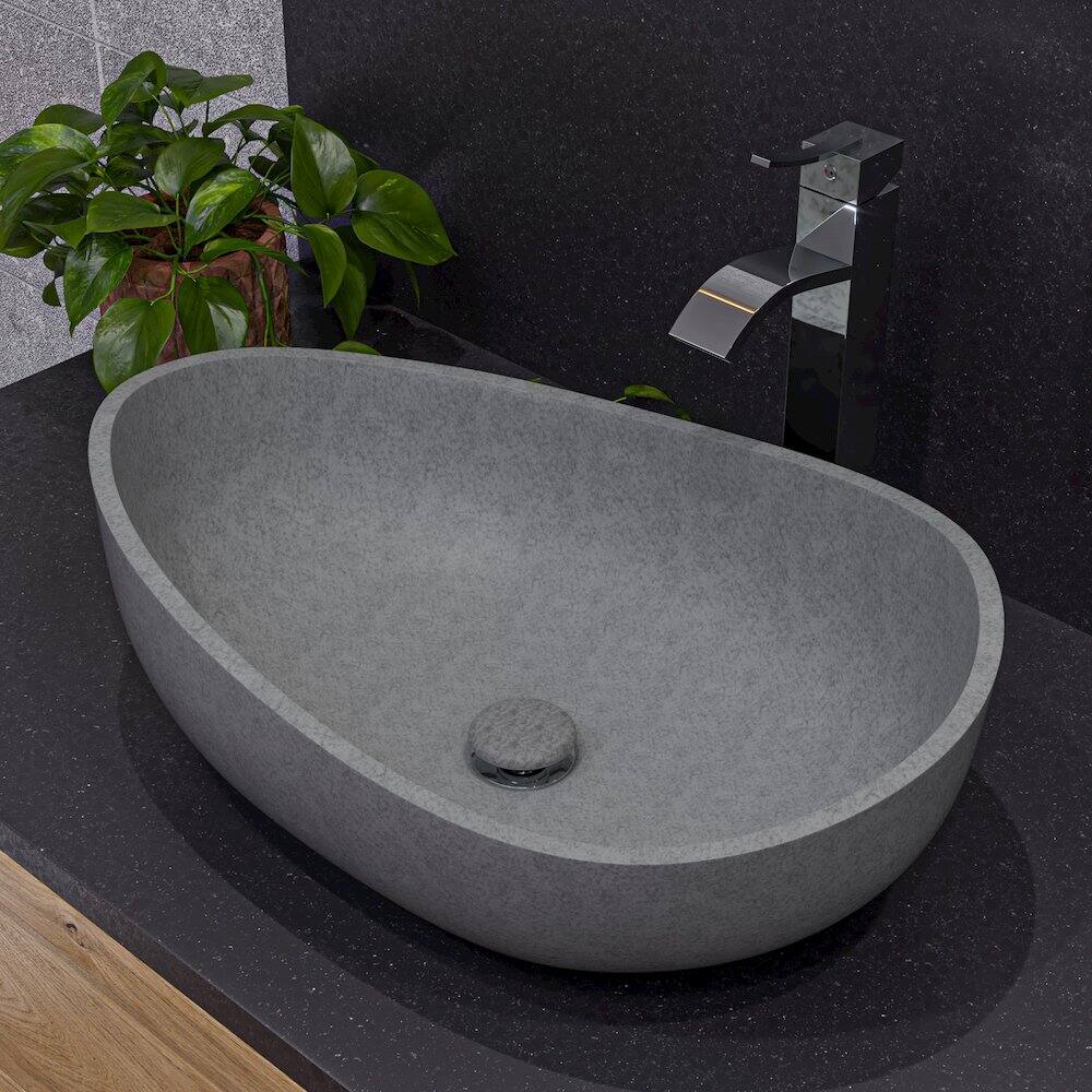 Angle. Alfi - 23" Solid Concrete Wavy Oval Above Mount Vessel Sink - Gray.