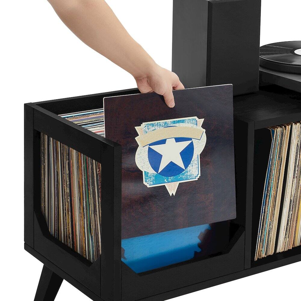 Left. Crosley Furniture - Asheville Low Record Player Stand With Vinyl Storage - Black.
