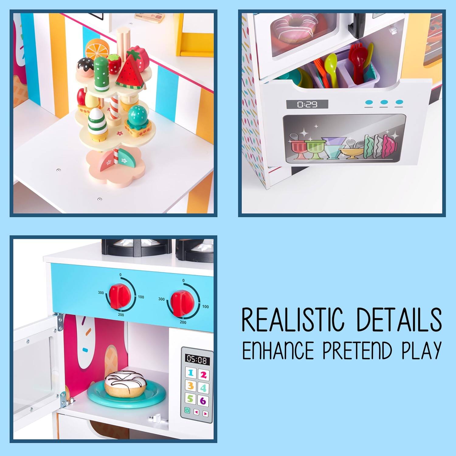 0:29, 05:08, REALISTIC DETAILS, ENHANCE PRETEND PLAY, 1 2 3 4 5 6, 300 200 100 300 100 200