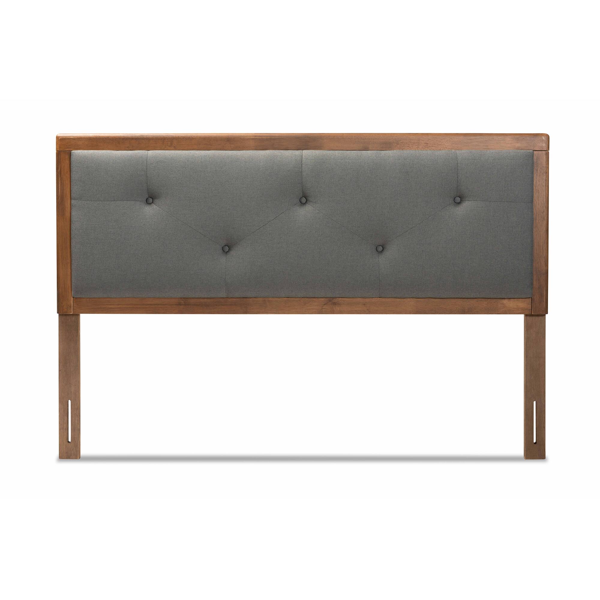 Angle. Baxton Studio - Abner Modern and Contemporary Transitional Fabric Upholstered and Finished Wood Queen Size Headboard - Dark Grey/Walnut Brown.