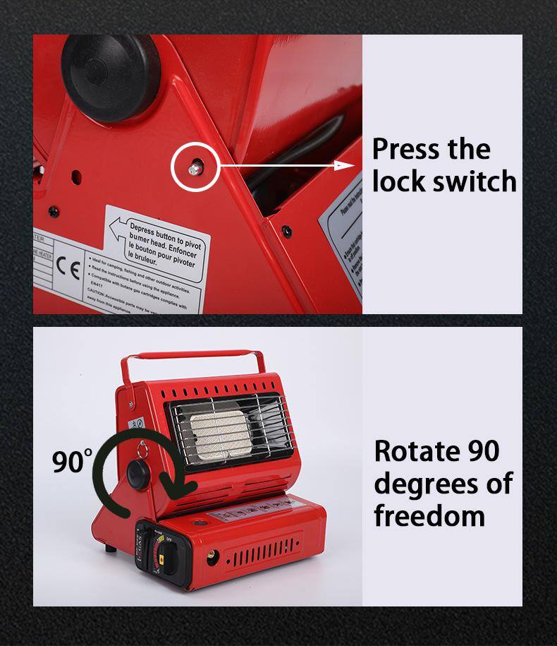 Press the lock switch.

Depress button to pivot burner head. Enfoncer le bouton pour pivoter le brûleur.

Rotate 90 degrees of freedom.