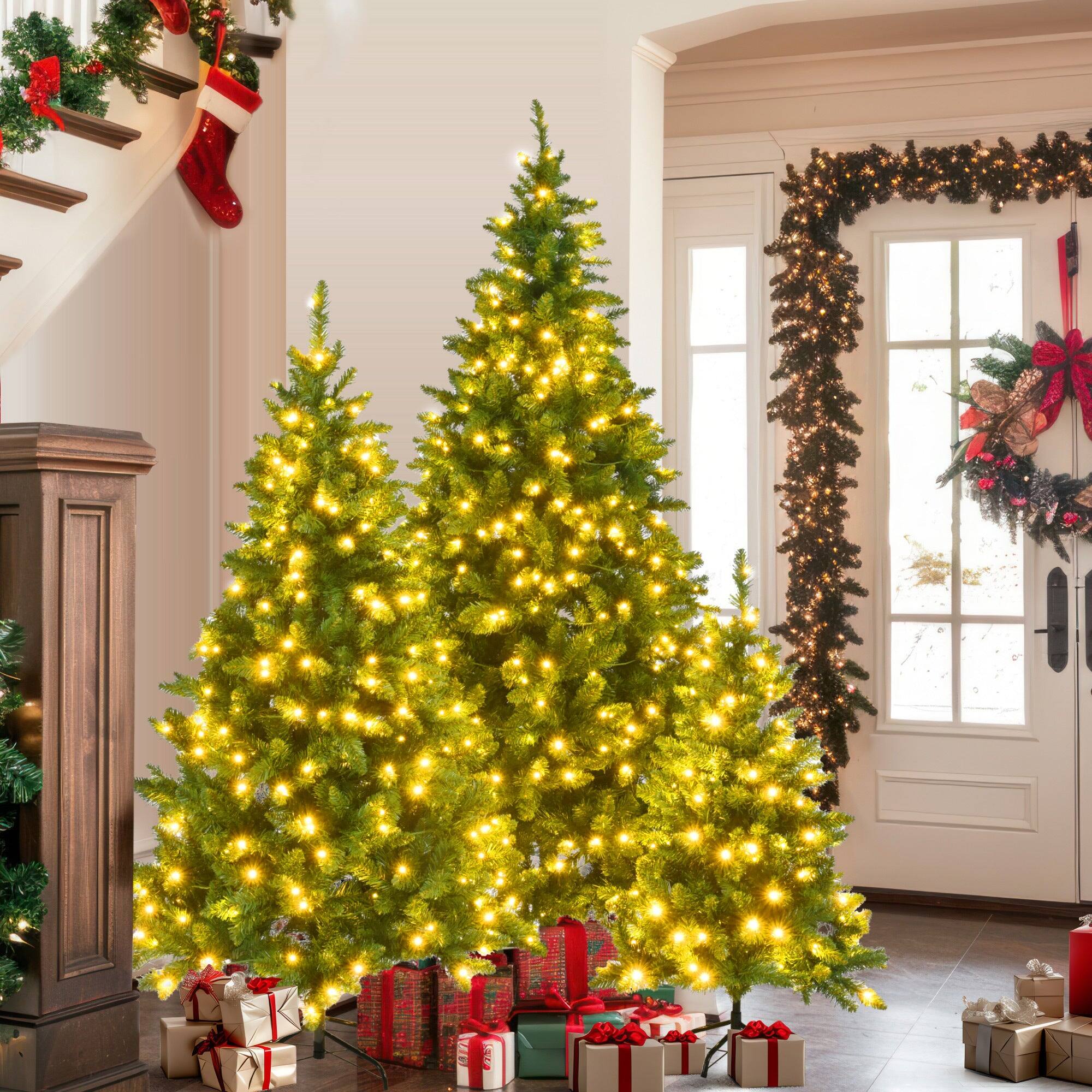 Angle. BreeBe - 8FT, 6FT, 4FT Pre-Lit Green Pine Set of 3 Hinged Xmas Trees with 820 Warm-Yellow LED Lights and 2539 Branch Tips - Green.