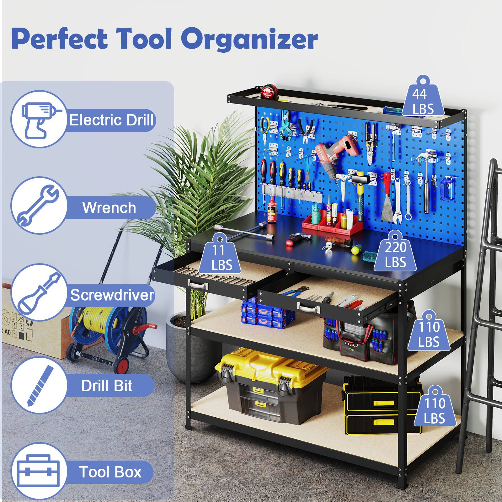 Perfect Tool Organizer  
Electric Drill 44 LBS  
Wrench 11 LBS  
Screwdriver 220 LBS  
Drill Bit 110 LBS  
Tool Box 110 LBS