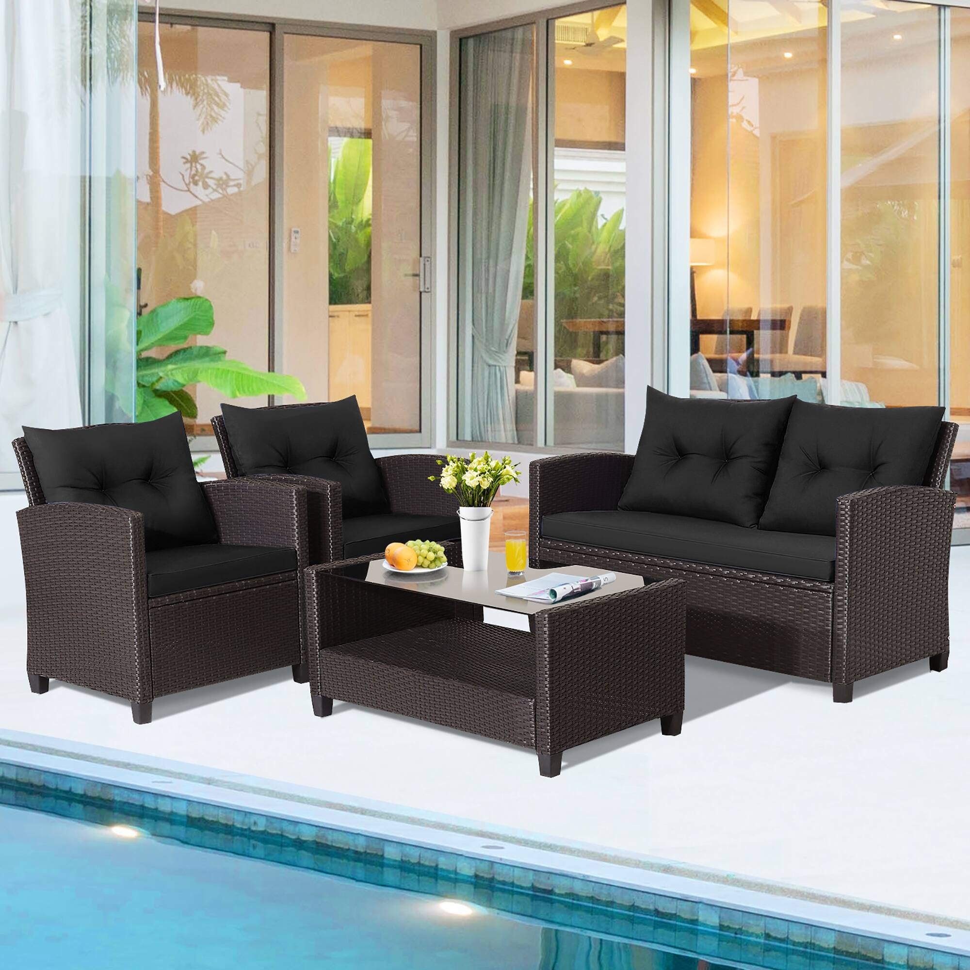 Alt View 7. Gymax - Gymax 8PCS Outdoor Conversation Set Patio PE Rattan Set w/ Glass Table & Sofa Cushions Black - Black.