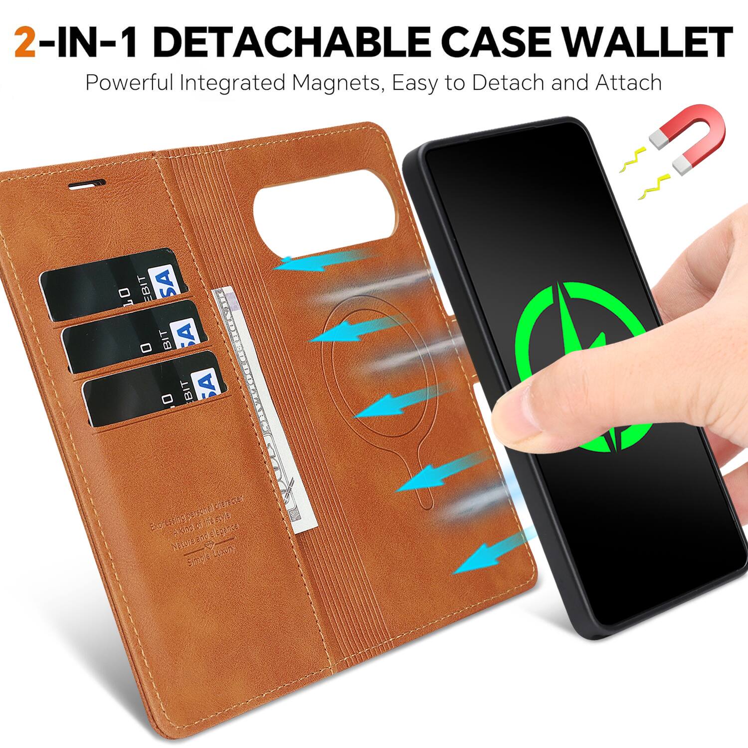 2-IN-1 DETACHABLE CASE WALLET  
Powerful Integrated Magnets, Easy to Detach and Attach
