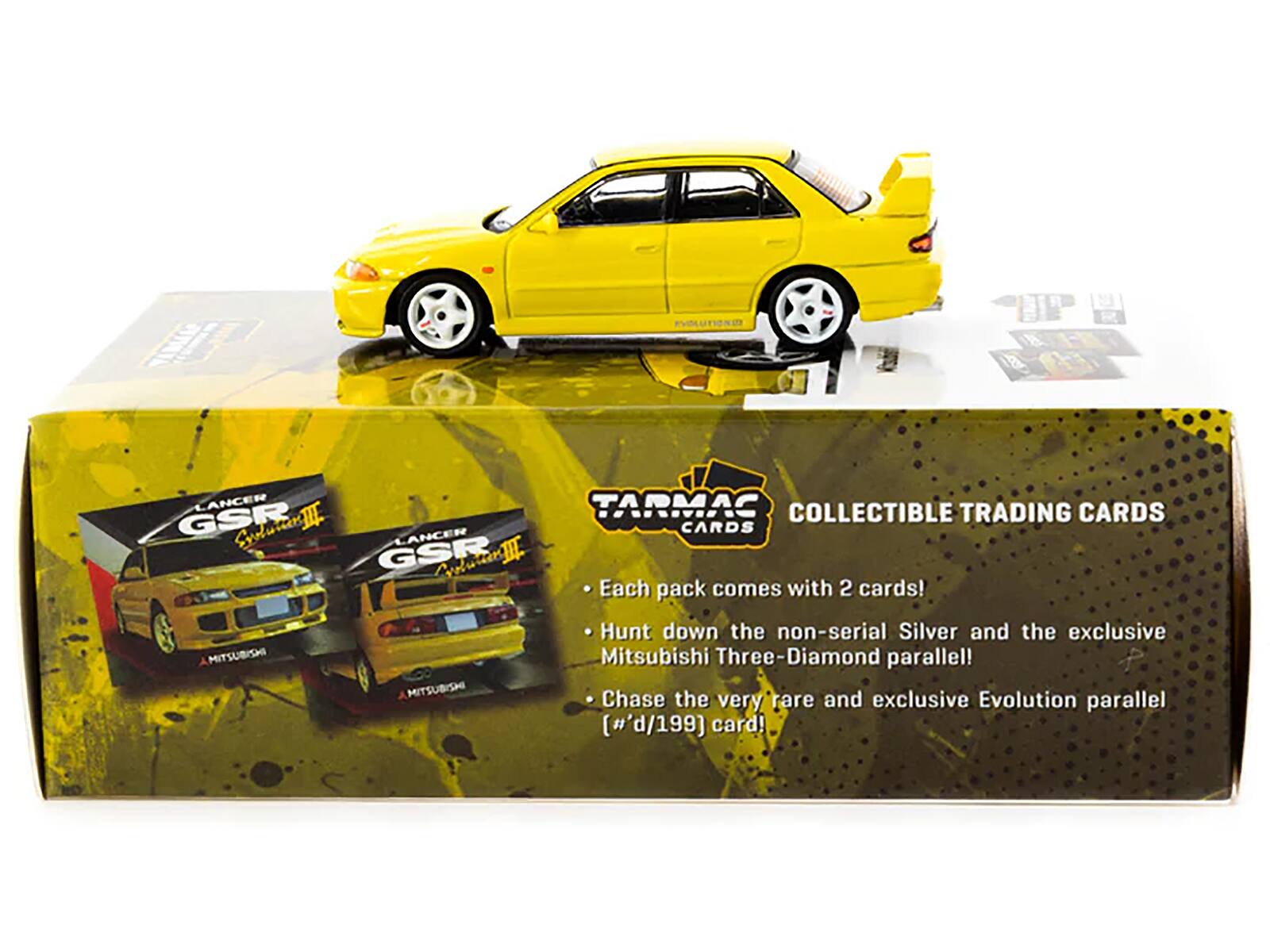 EVOLUTION LANCER TARMAC COLLECTIBLE TRADING CARDS GSR

Each pack comes with 2 cards!

Hunt down the non-serial Silver and the exclusive Mitsubishi Three-Diamond parallel!

Chase the very rare and exclusive Evolution parallel (#'d/199) card!