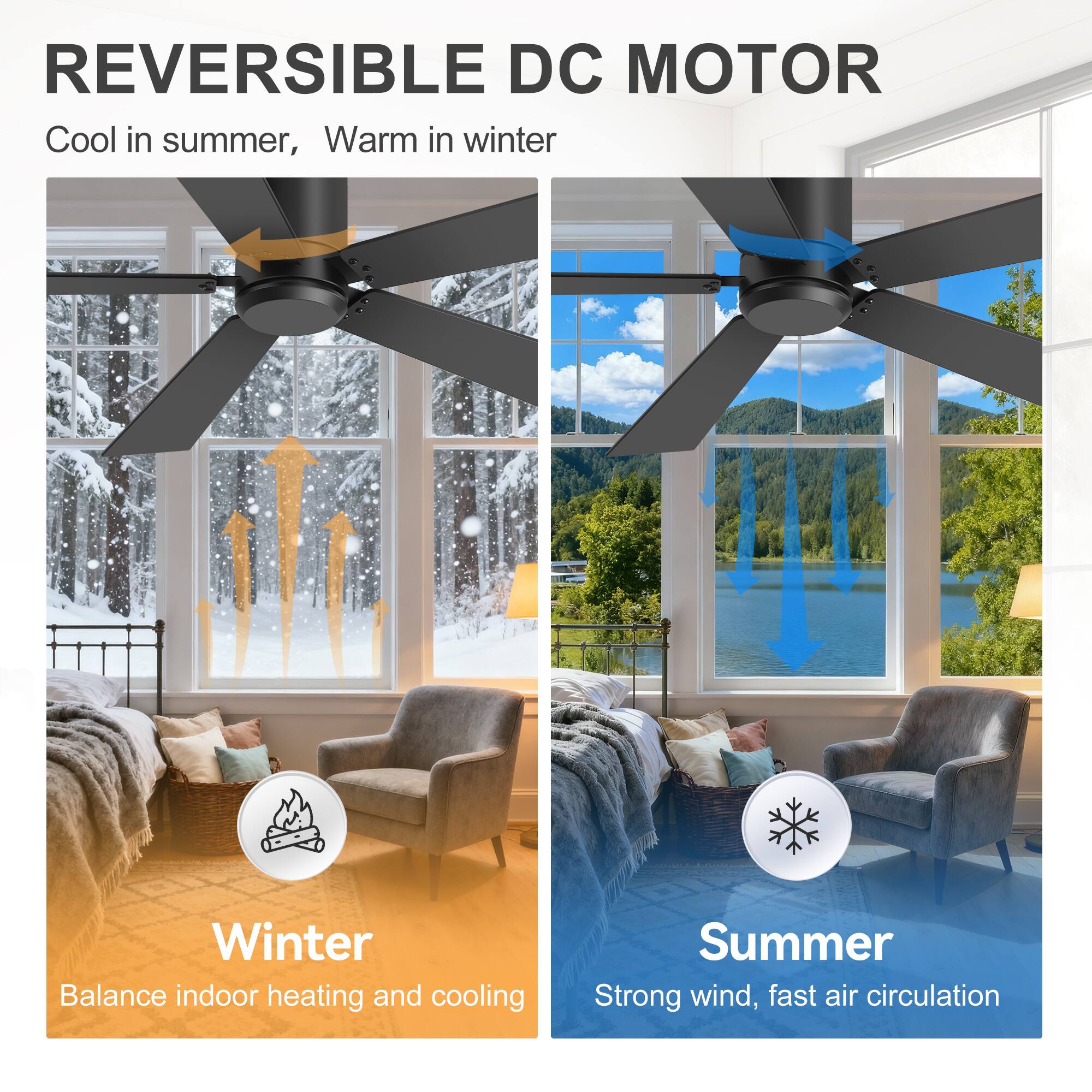REVERSIBLE DC MOTOR  
Cool in summer, Warm in winter  

Winter  
Balance indoor heating and cooling  

Summer  
Strong wind, fast air circulation