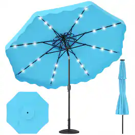 Gymax - 9 FT Solar LED Outdoor Umbrella Push-Button Tilt & Crank 24 LED Lights & 8 Ribs Turquoise - Green