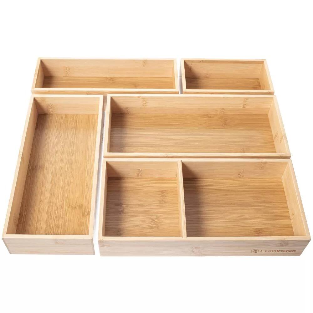 Alt View 2. Luminuxe - Bamboo Drawer Organizer Set, 5 Piece Nonslip Versatile Storage Trays, Drawer Organizer Set.