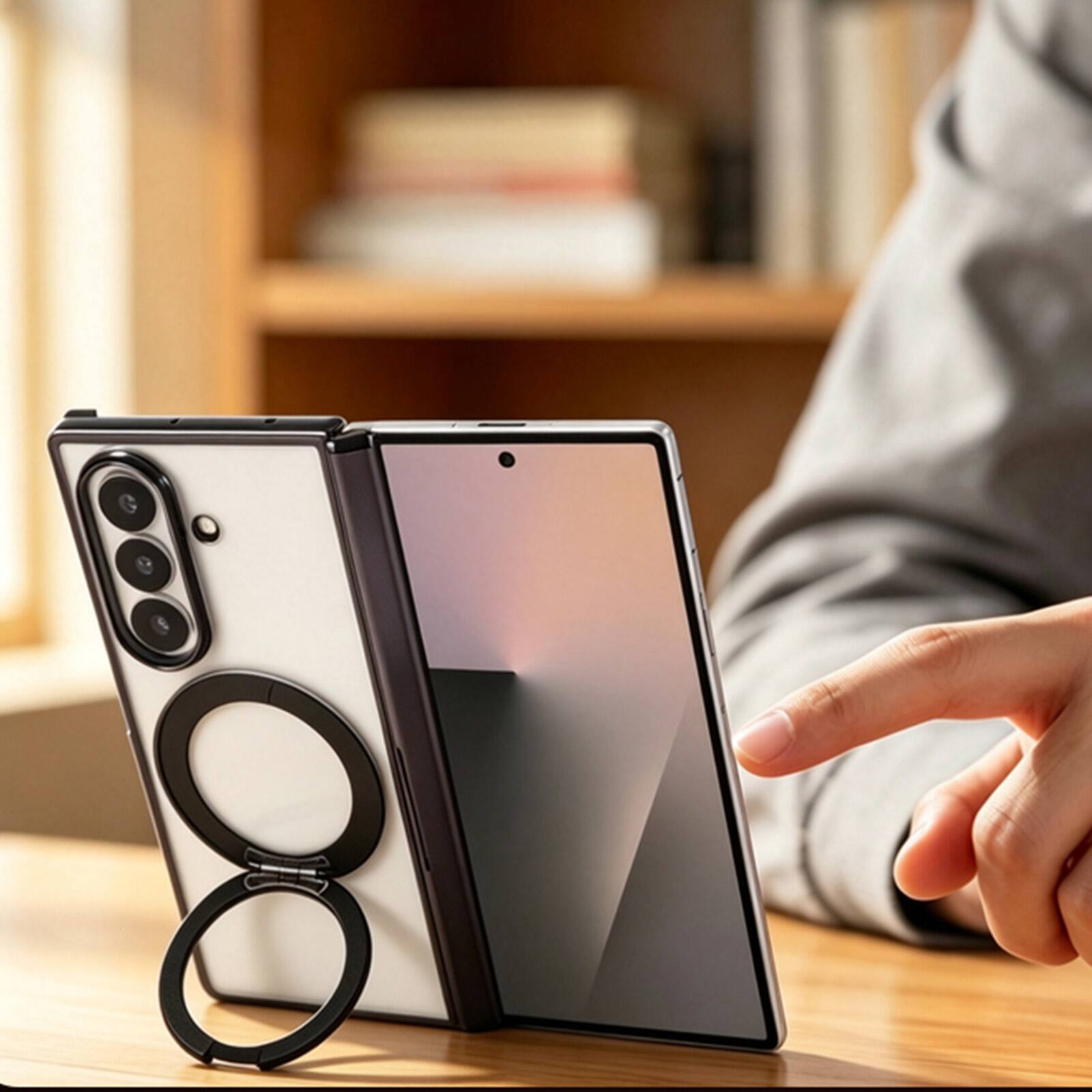 Back. Dteck - Electroplated Frame Case for Samsung Galaxy Z Fold7 with Kickstand, Magnetic Clear Rigid Plastic Hinge Protection Cover - Silver.