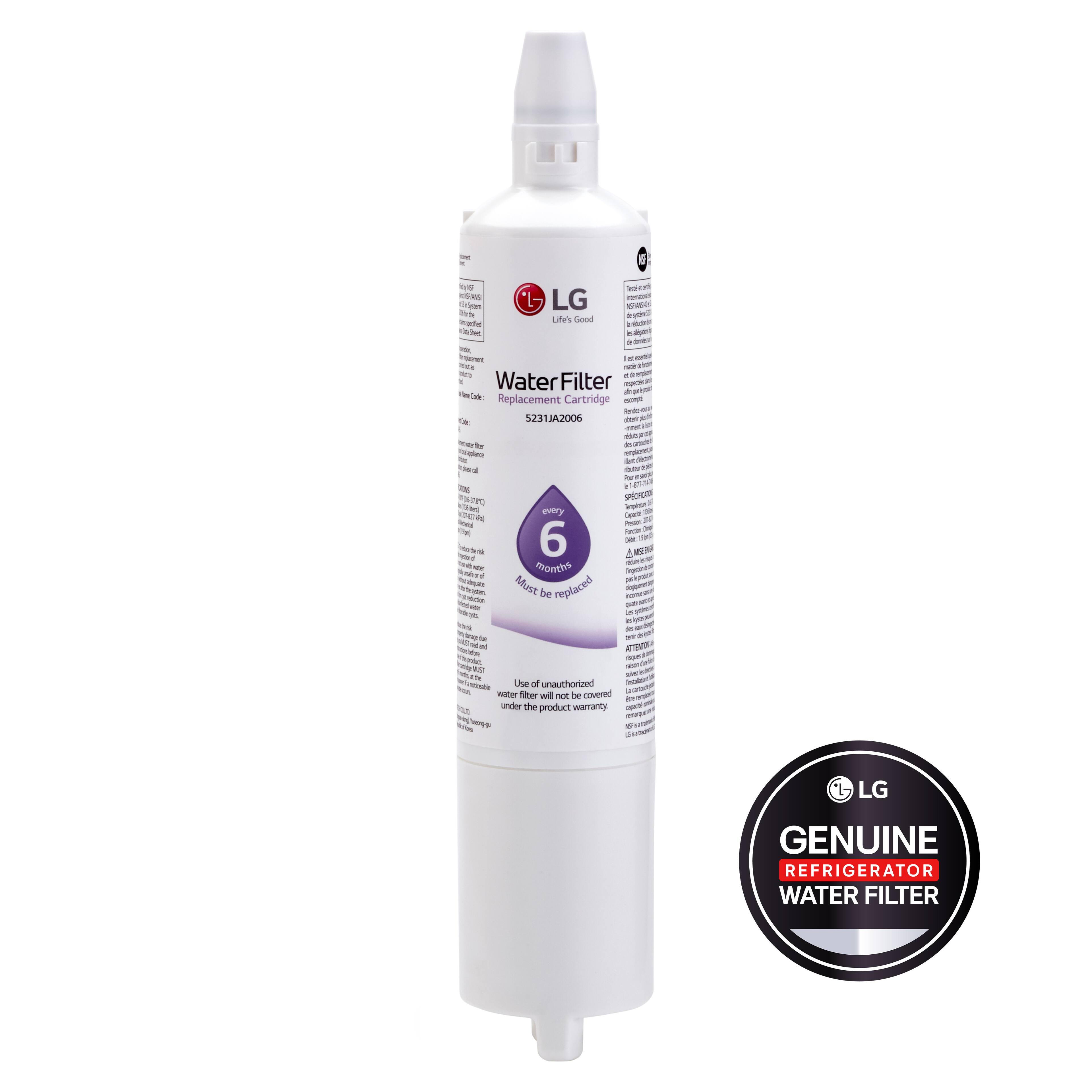 LG Life's Good
Water Filter
Replacement Cartridge
5231JA2006
Must be replaced
Use of unauthorized water filter will not be covered under the product warranty
LG GENUINE REFRIGERATOR WATER FILTER