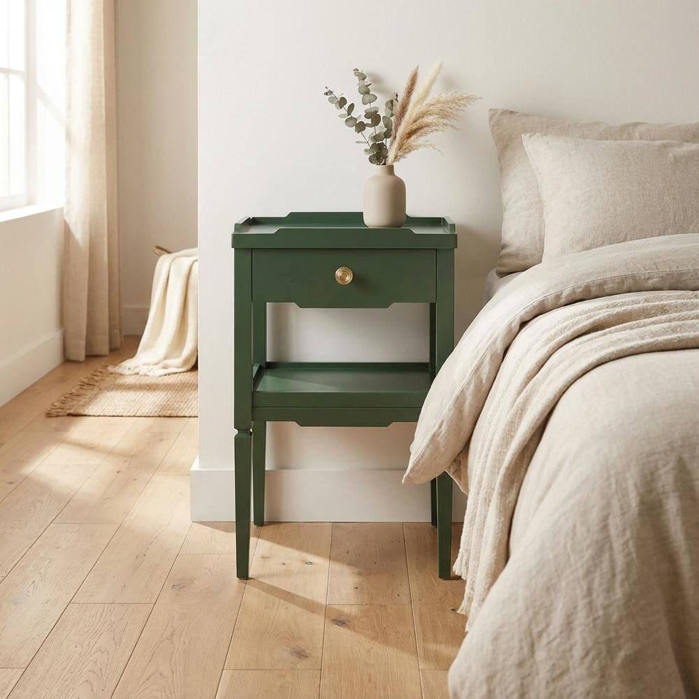 Left. FurniFact - Vintage 1-Drawer Nightstand with Gold Hardware, Mid-Century Modern Design - Green.