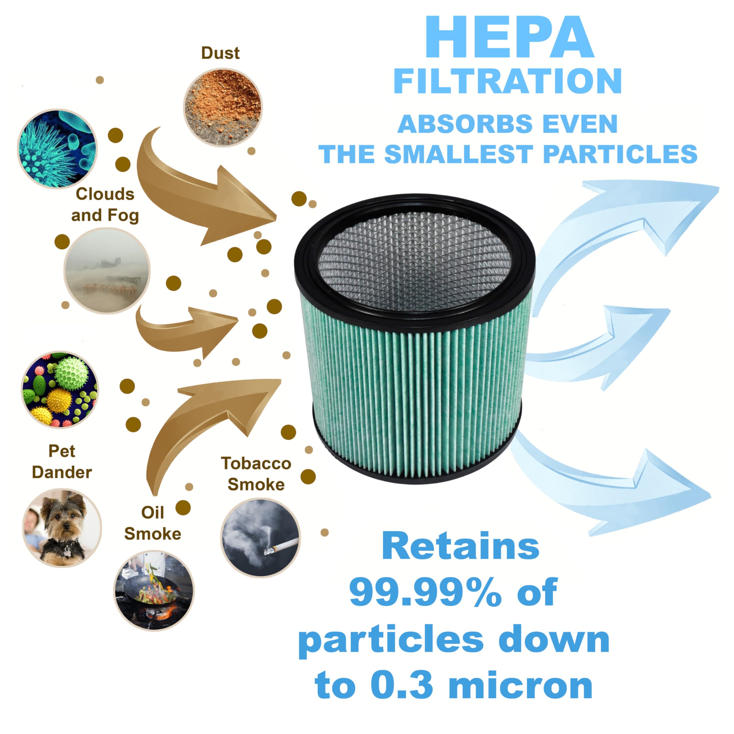 HEPA FILTRATION ABSORBS EVEN THE SMALLEST PARTICLES

- Dust
- Clouds and Fog
- Pet Dander
- Tobacco Smoke
- Oil Smoke

Retains 99.99% of particles down to 0.3 micron