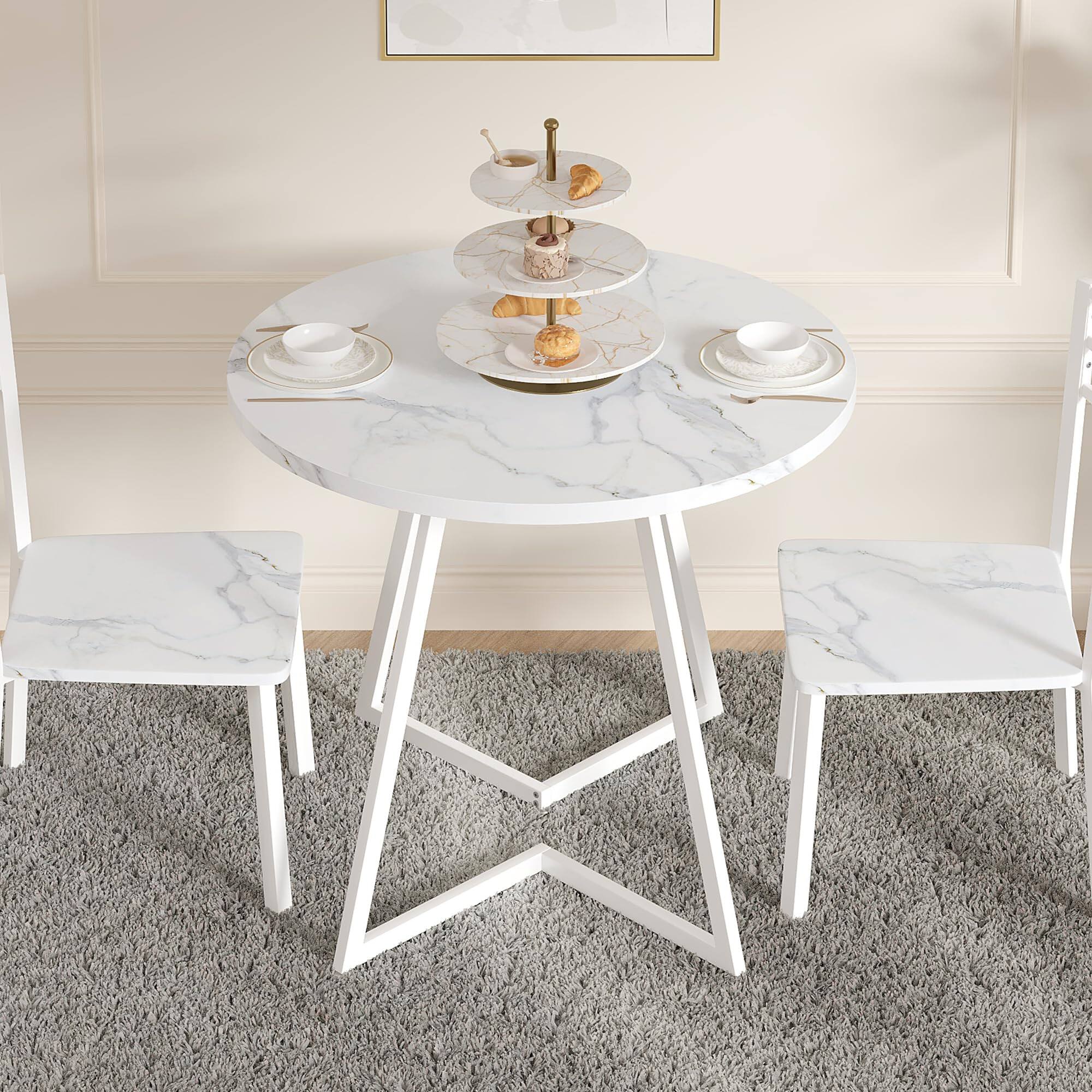 Front. MAGICAL RUBS - Round Dining Room Table With Wood Grain Tabletop And Steel Frame For Kitchen Living Office Conference 2 To 4 - Faux Marbled & White 31.5" Round Dining Table.