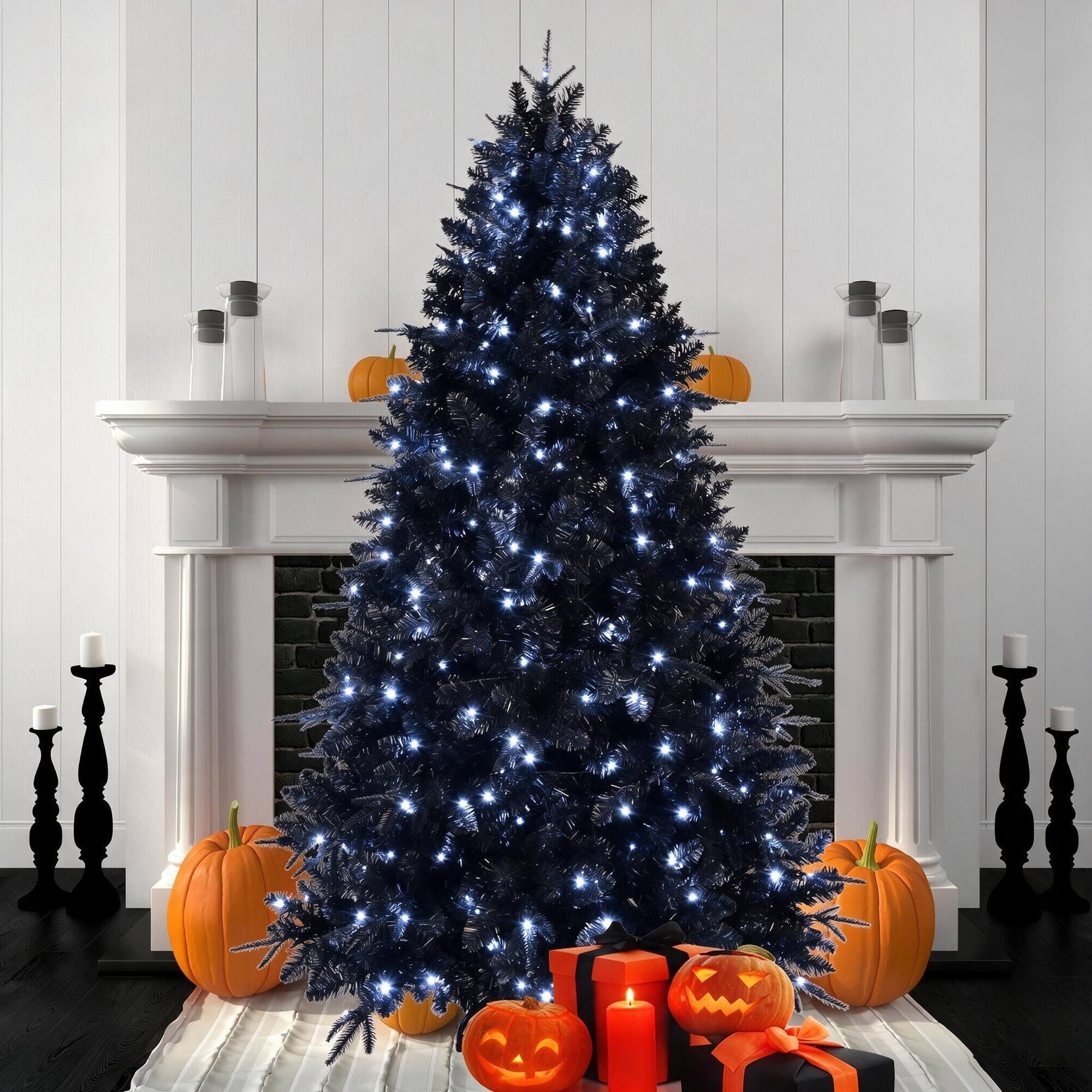 Angle. RYHNUYNE - 7FT Black Christmas Tree, 450 White LED Lights 1916 Tips PE+PVC Material Hinged Metal Stand Halloween Holiday Decor - Black.