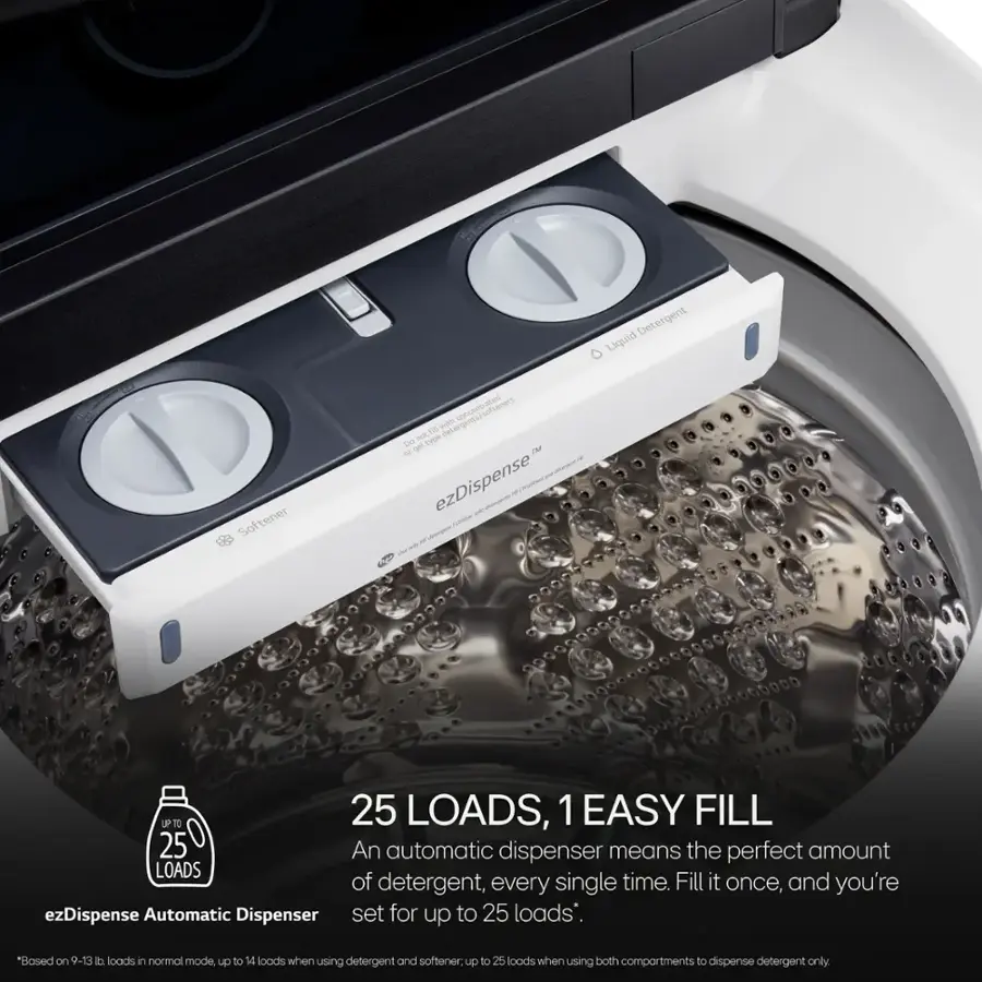 T d e Detergent Liquid Softener ervr concentirated suftacers cunan TH widh detergenta - Tape tos i - san ezDispense - - - - -  UPTO 25 LOADS, 1 EASY FILL 25 An automatic dispenser means the perfect amount of detergent, every single time. Fill it once, and you're set for up to 25 loads.