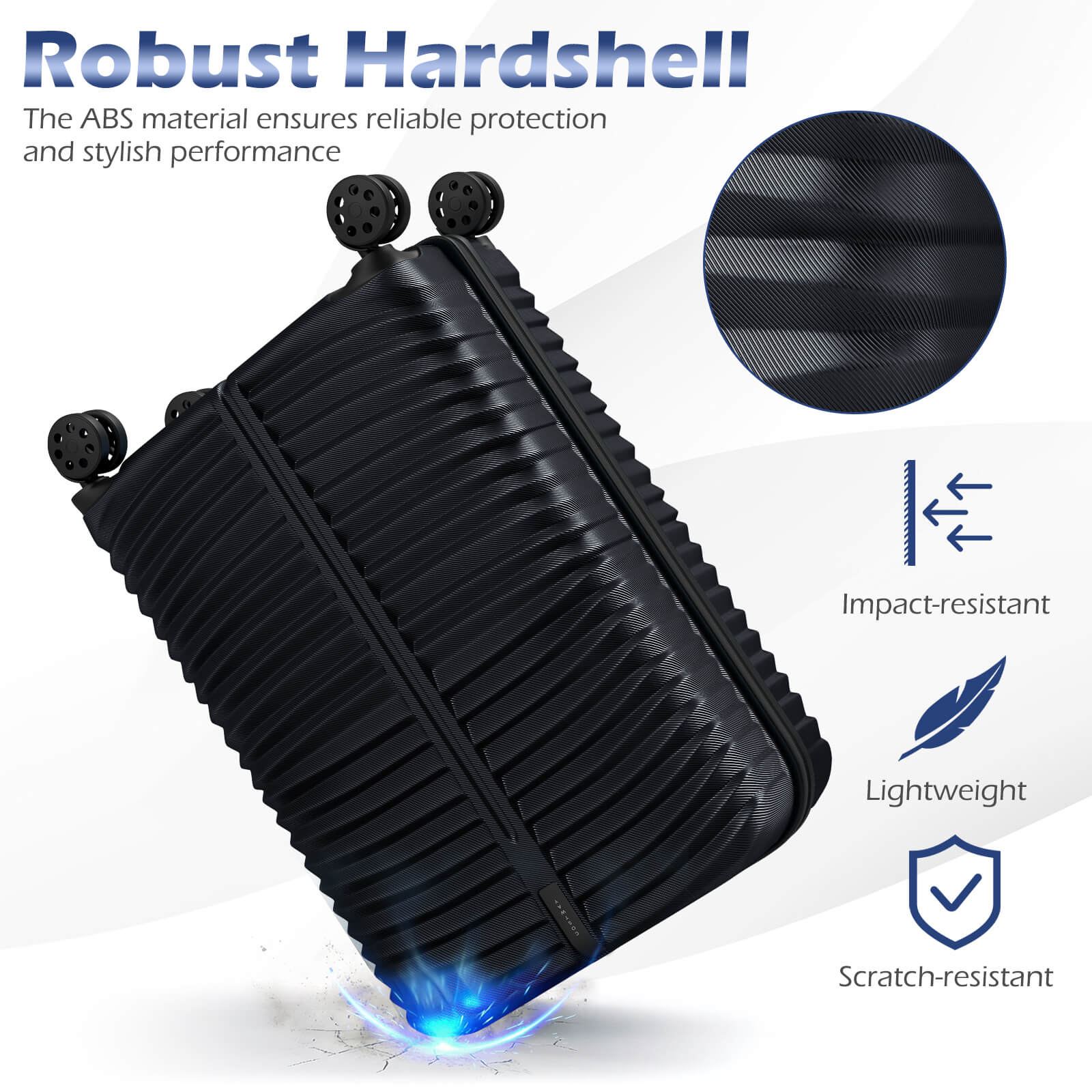 Robust Hardshell

The ABS material ensures reliable protection and stylish performance

- Impact-resistant
- Lightweight
- Scratch-resistant