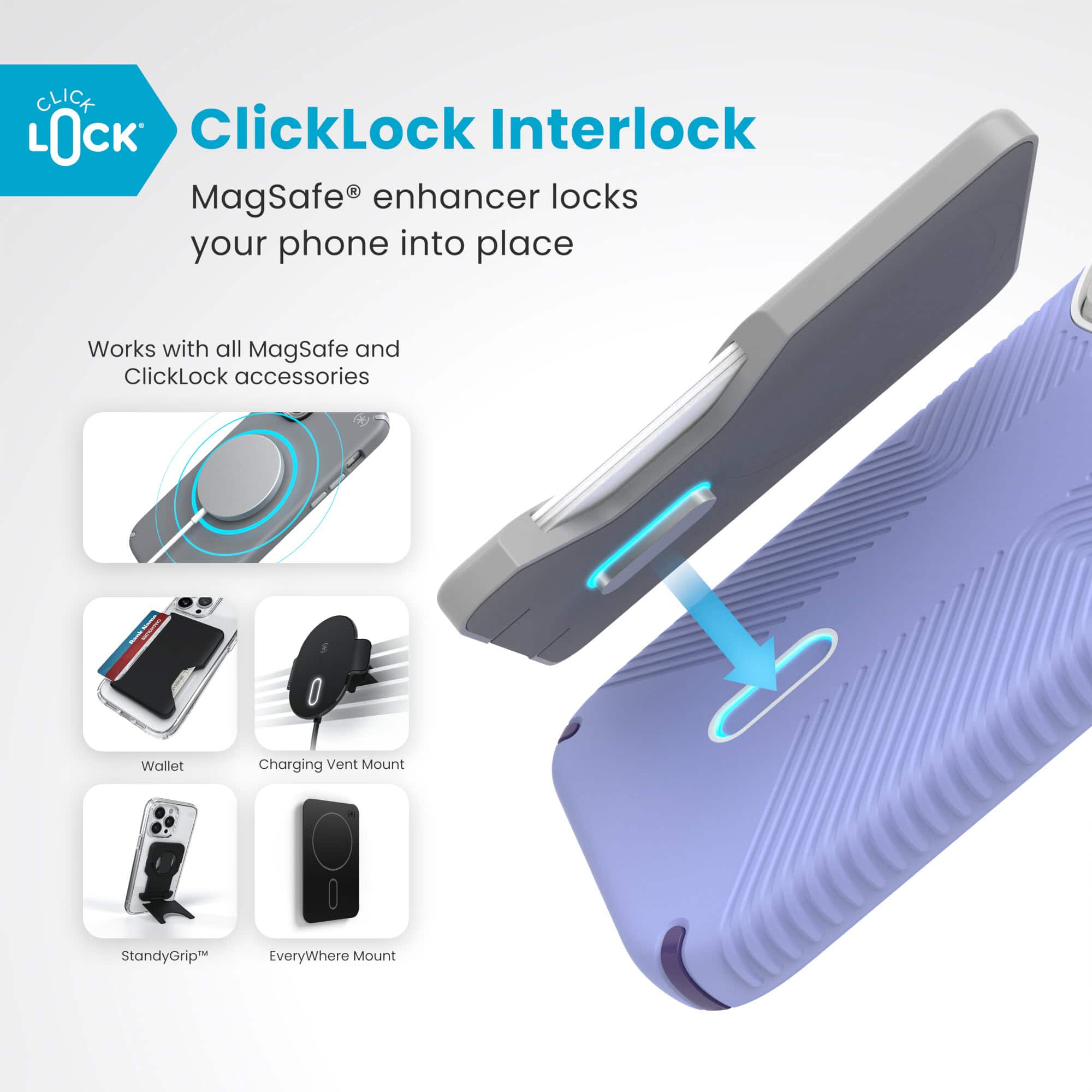 ClickLock Interlock MagSafe enhancer locks your phone into place. It works with all MagSafe and ClickLock accessories, including wallet, charging, vent mount, and standy grip. The EveryWhere Mount is also compatible with this product.