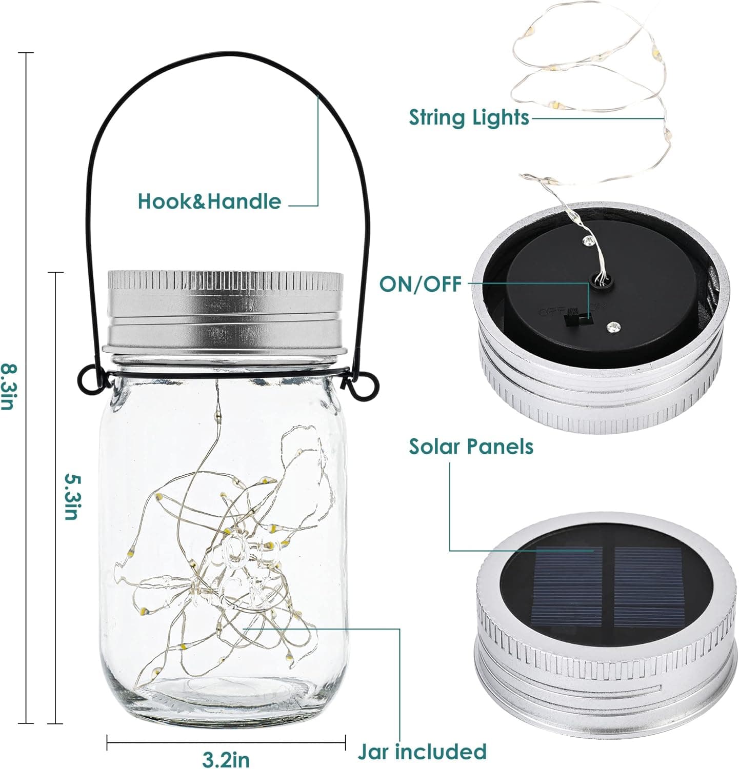 String Lights  
Hook & Handle  
ON/OFF  
8.3in  
5.3in  
Solar Panels  
3.2in  
Jar included