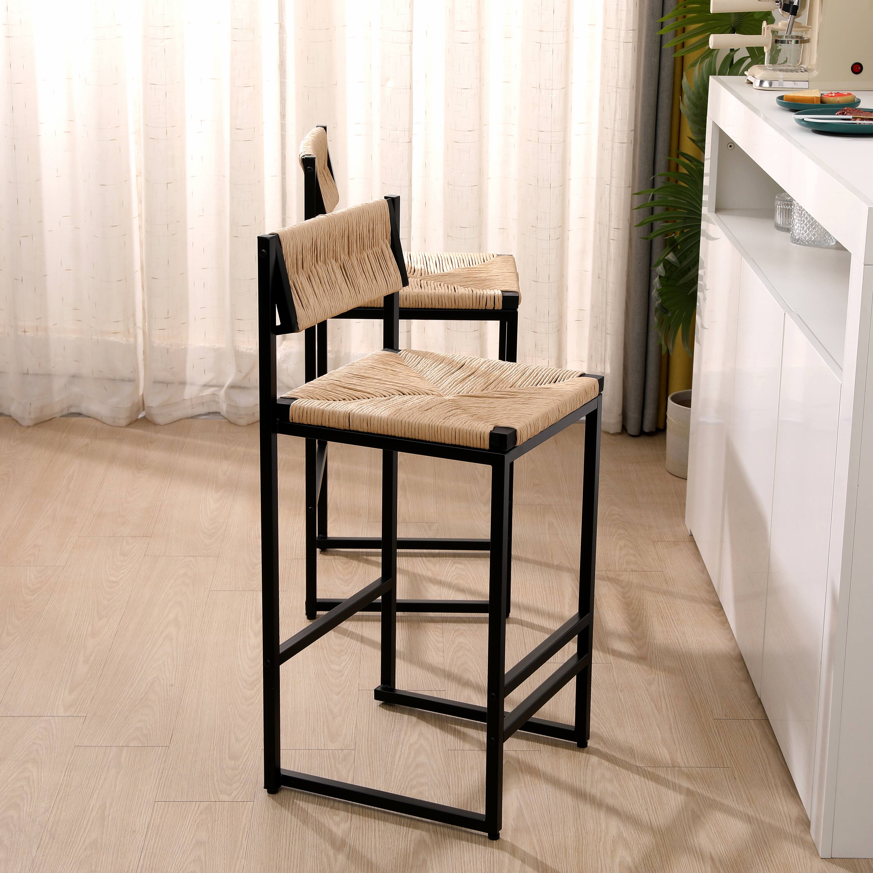 Angle. GOODSILO - Set of 2 Woven Bar Stools - Hand Weave Counter Stool with Footrest for Kitchen Island, Dining Room - Honey.