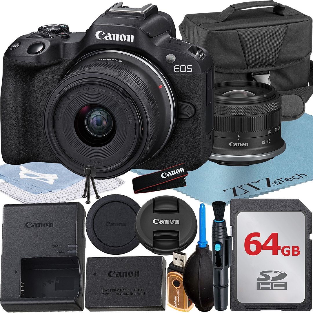 Canon - EOS R50 Mirrorless Camera with 18-45mm Lens + 64GB Card + ZeeTech Bundle (International Version) - Black