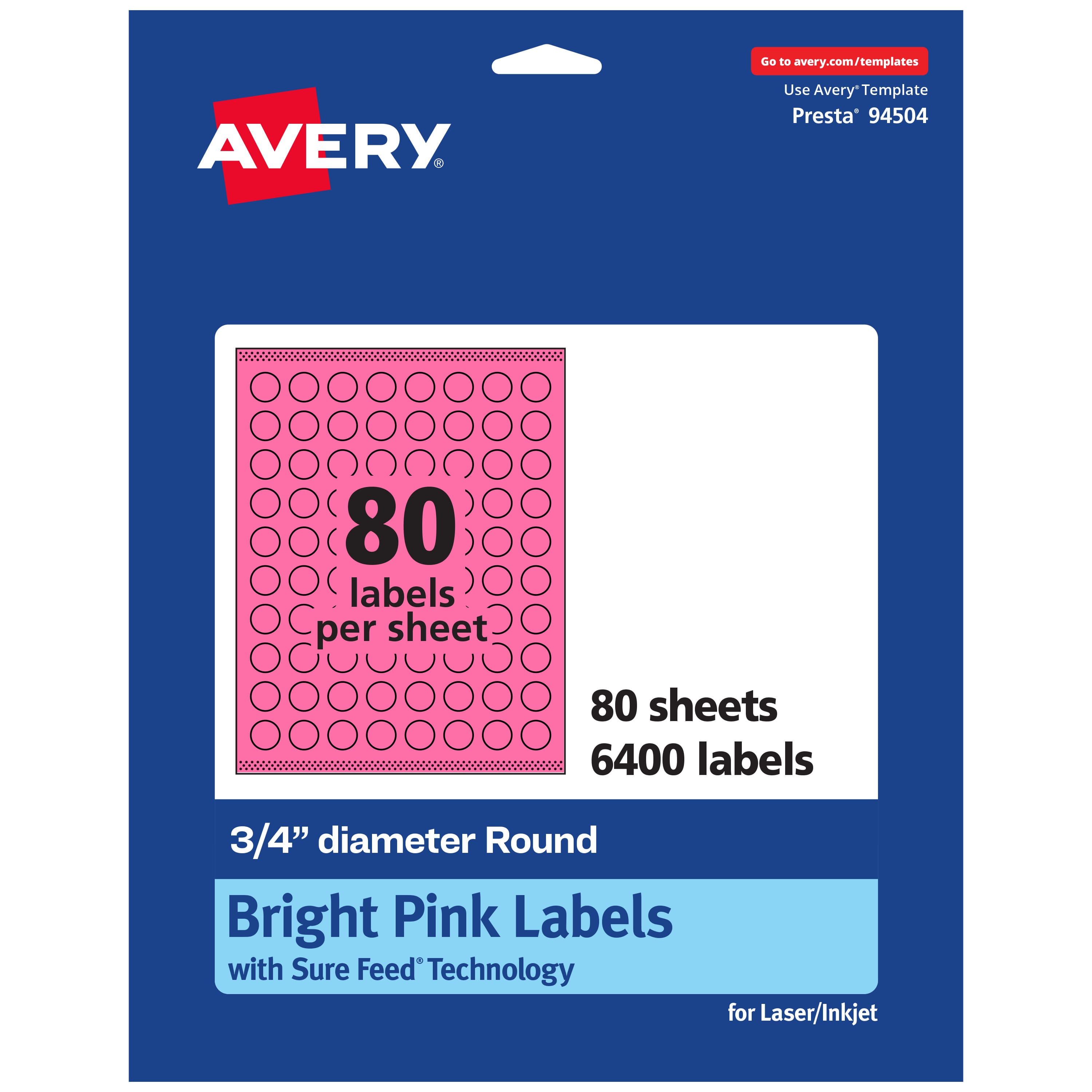 Avery - Printable Round Labels, Bright 0.75" Diameter, 6,400ct - Pink