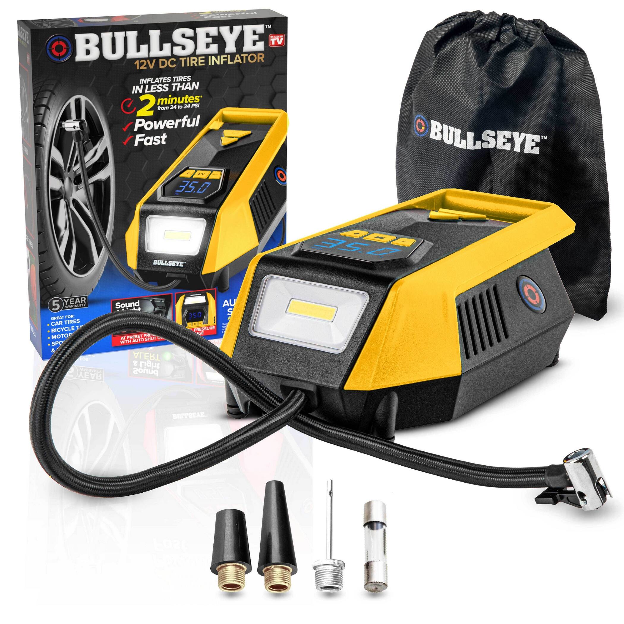 BULLSEYE  
12V DC TIRE INFLATOR  
INFLATES TIRES IN LESS THAN 2 minutes PSI from 24 to 34  
Powerful Fast  
35.0  
5 YEAR WARRANTY GREAT FOR CAR TIRES BICYCLE MOTOR SPORTS  
Sound PRESET PRESS AT SHUT WITH AUTO ALERT  
AL S 350 PRESSURE 12