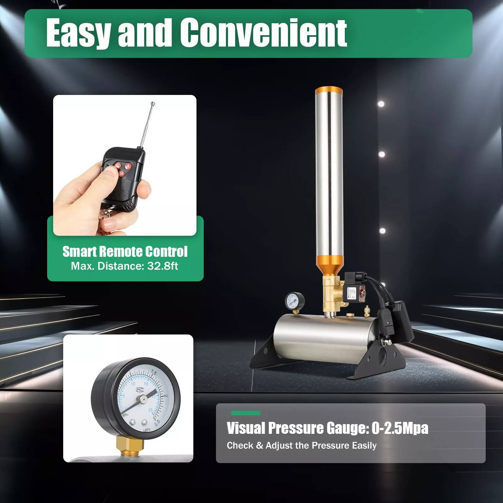 Easy and Convenient

Smart Remote Control  
Max. Distance: 32.8ft

Visual Pressure Gauge: 0-2.5Mpa  
Check & Adjust the Pressure Easily