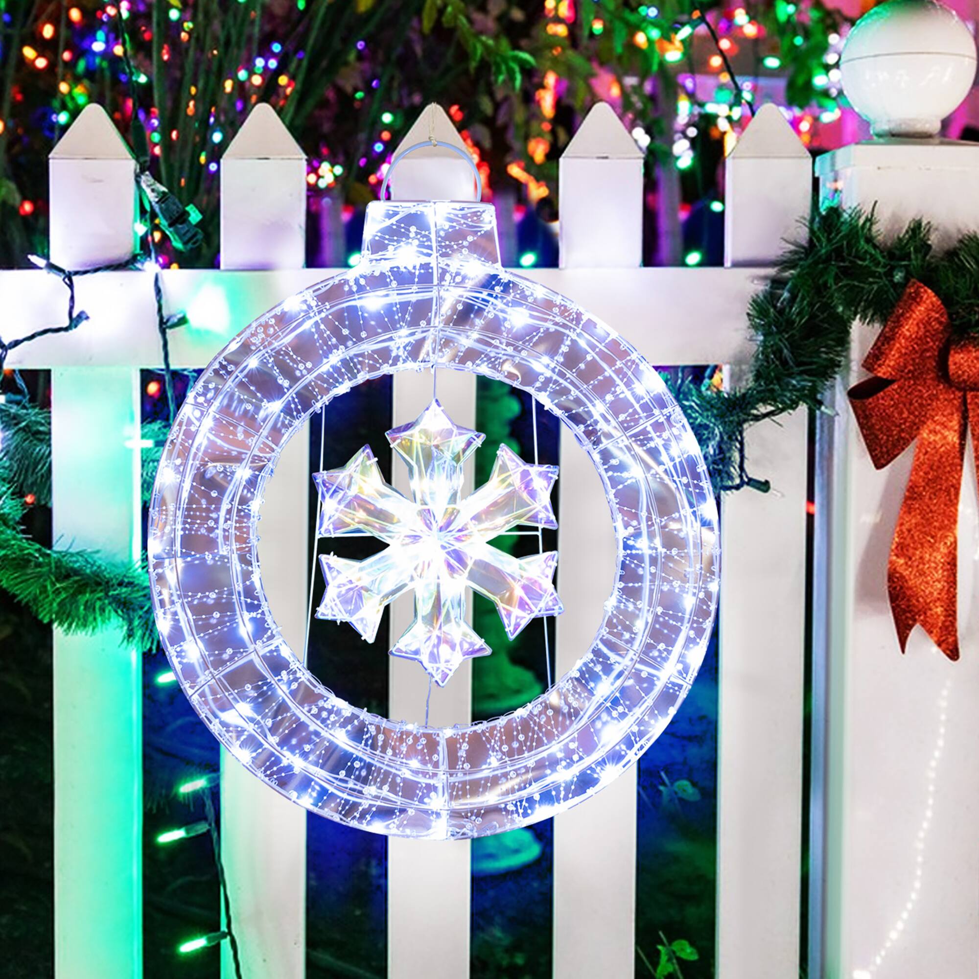 Alt View 4. Gymax - Gymax 33'' Lighted Ornament Pre-Lit Christmas Wreath w/ 128 Cold White LED Lights - White.