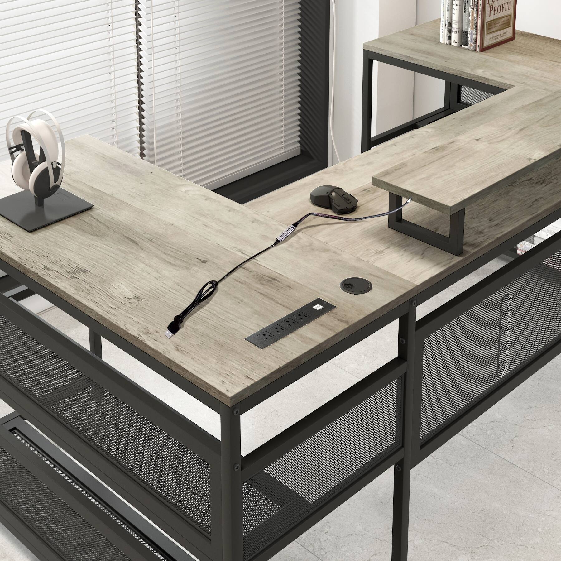 Alt View 5. Spaco - Spaco Vintage U-Shaped Gaming Desk with Power Outlets, LED Strip, Monitor Stand, Storage Shelf, Home Office Desk - Gray.