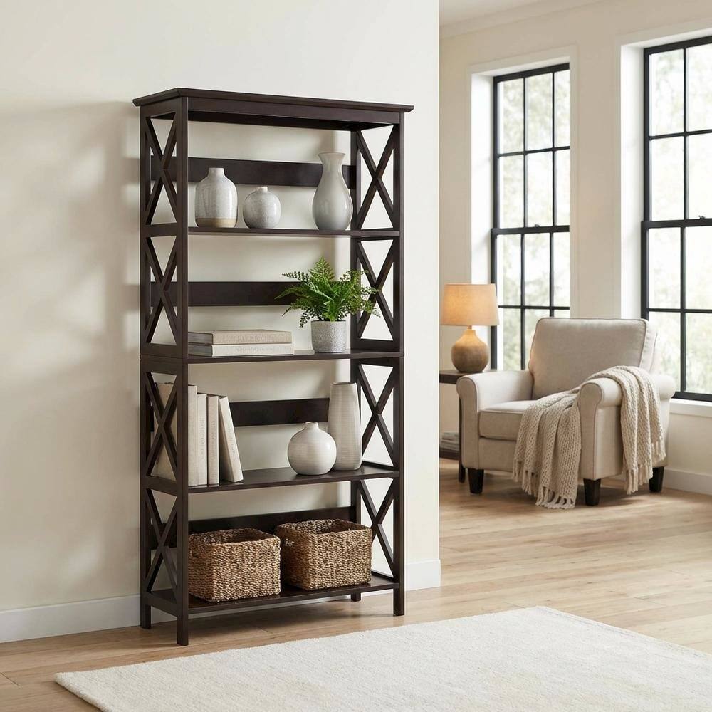 Alt View 1. FurniFact - Wooden 5-Tier Bookcase with Non-Lead Base Paint Finish for Home Storage - Espresso.