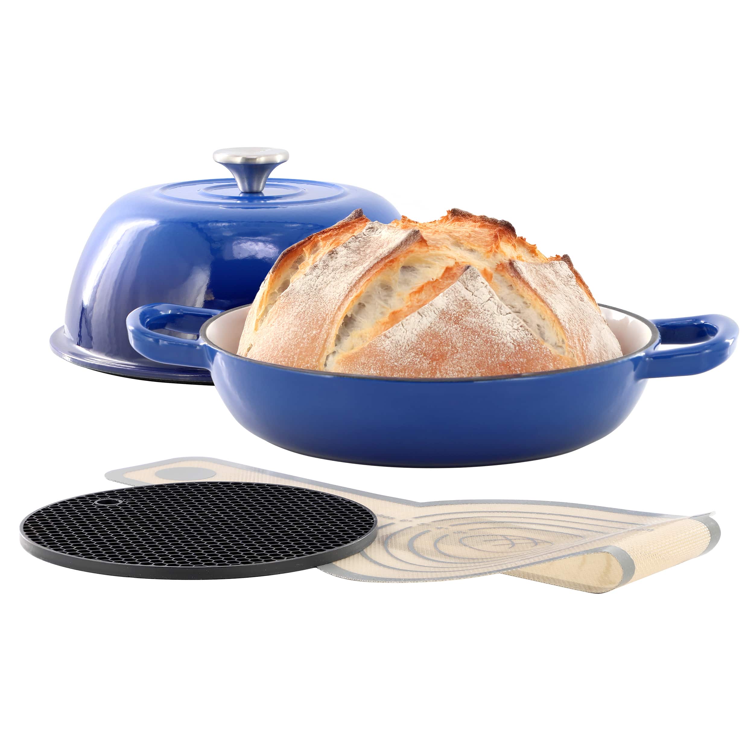 MegaChef - 6 Quart Enameled Cast Iron Bread Pot in Blue with Baking Mat