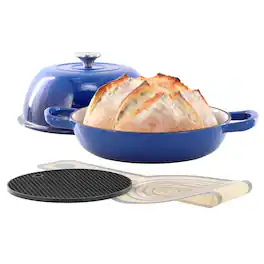 MegaChef - 6 Quart Enameled Cast Iron Bread Pot in Blue with Baking Mat