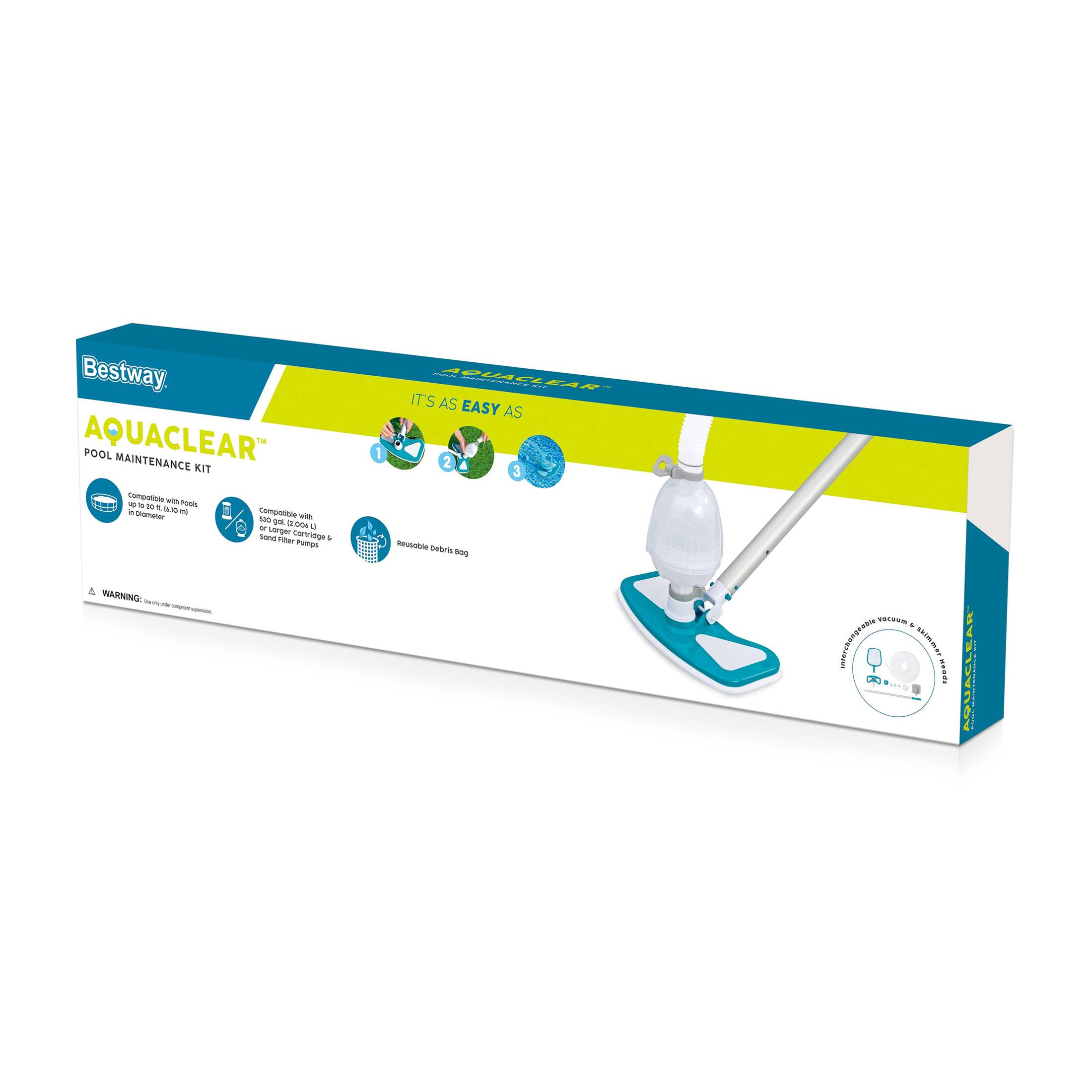 Bestway AQUACLEAR POOL MAINTENANCE KIT compatible with Pools up to 10,000 gallons with built-in skimmer. Compatible with 550 gal. or larger Cartridge Filter & Suction Side Skimmer. Reusable Debris bag.