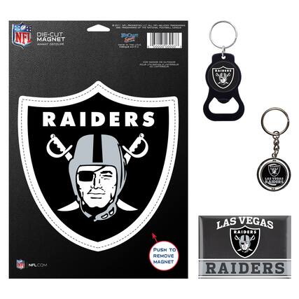 DIE-CUT MAGNET
RAIDERS
PUSH TO REMOVE MAGNET
LAS VEGAS RAIDERS
NFL.COM
WinCraft Sports
MADE IN THE USA
NFL
NFL.COM
PUSH TO REMOVE MAGNET
LAS VEGAS RAIDERS
NFL
NFL.COM
