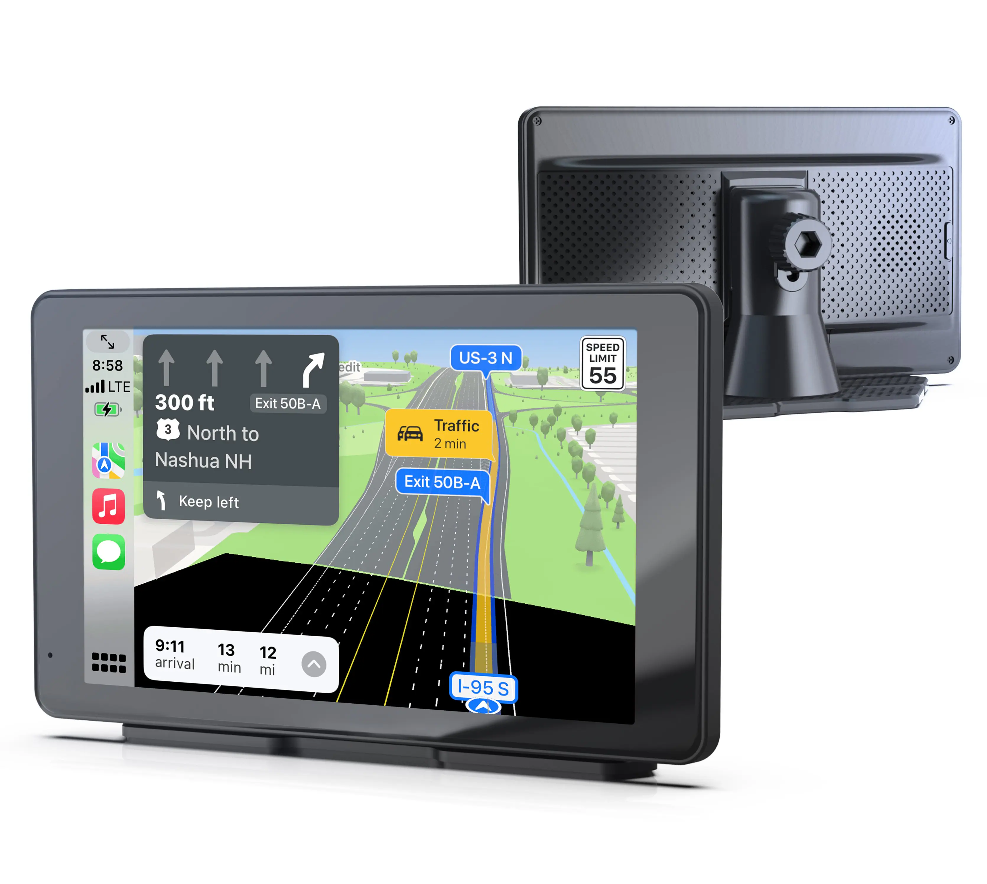 F 8:58 edit LTE 300 ft Exit 50B-A 3 North to A Nashua NH 1 Keep left US-3 N Traffic 2 min Exit 50B-A SPEED LIMIT 55 9:11 arrival 13 min 12 mi I-95 S