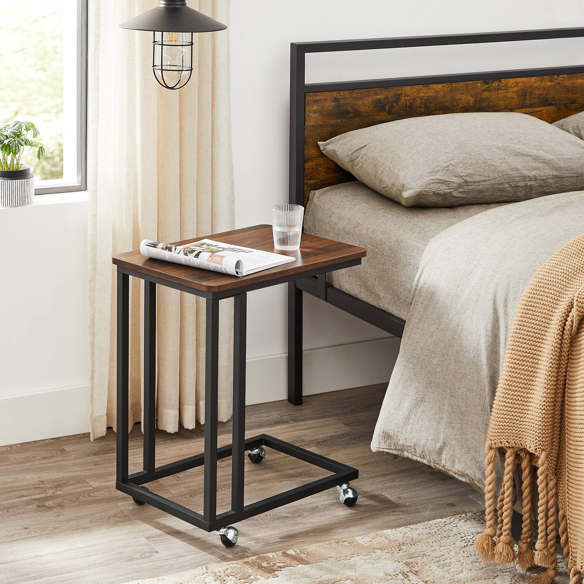 Back. Songmics Home - End Table, C Shaped TV Tray with Metal Frame Rolling Casters, Industrial Side Table for Living Room Bedroom - Dark Walnut and Black.