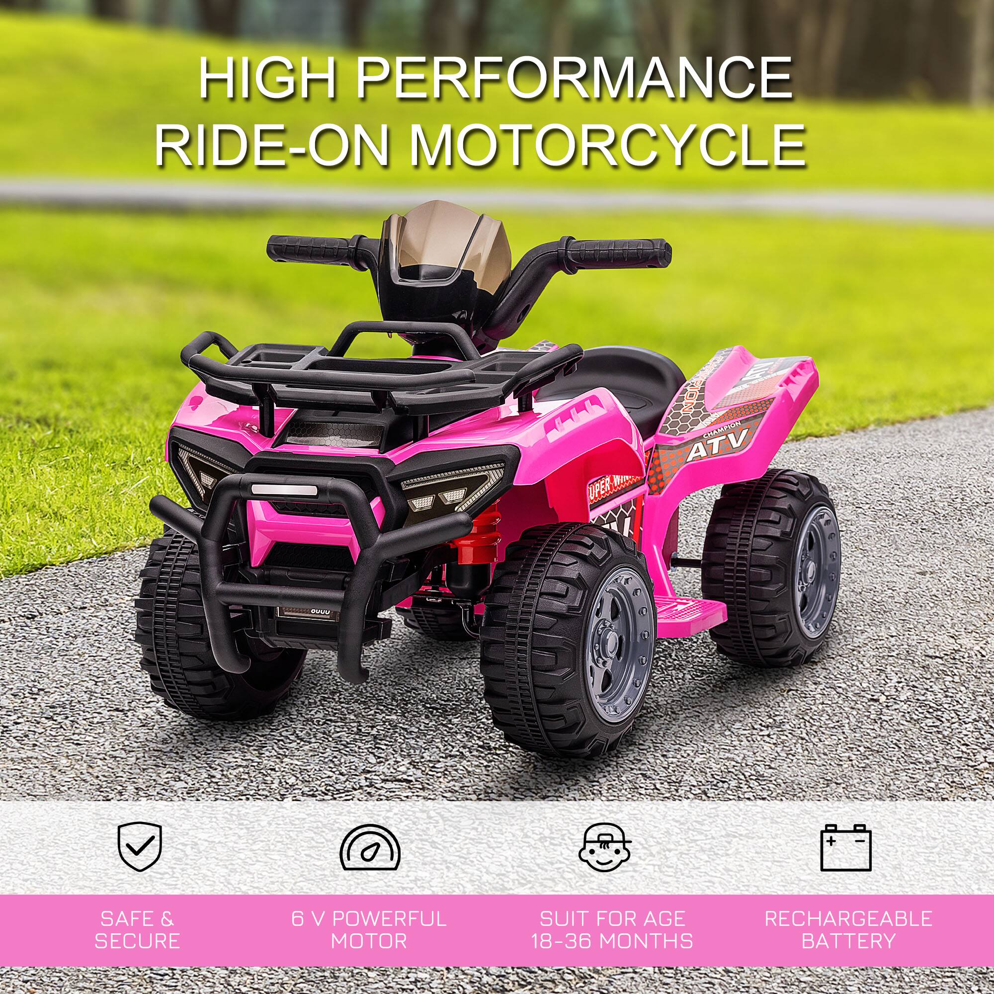 HIGH PERFORMANCE RIDE-ON MOTORCYCLE

- SAFE & SECURE
- 6 V POWERFUL MOTOR
- SUIT FOR AGE 18-36 MONTHS
- RECHARGEABLE BATTERY