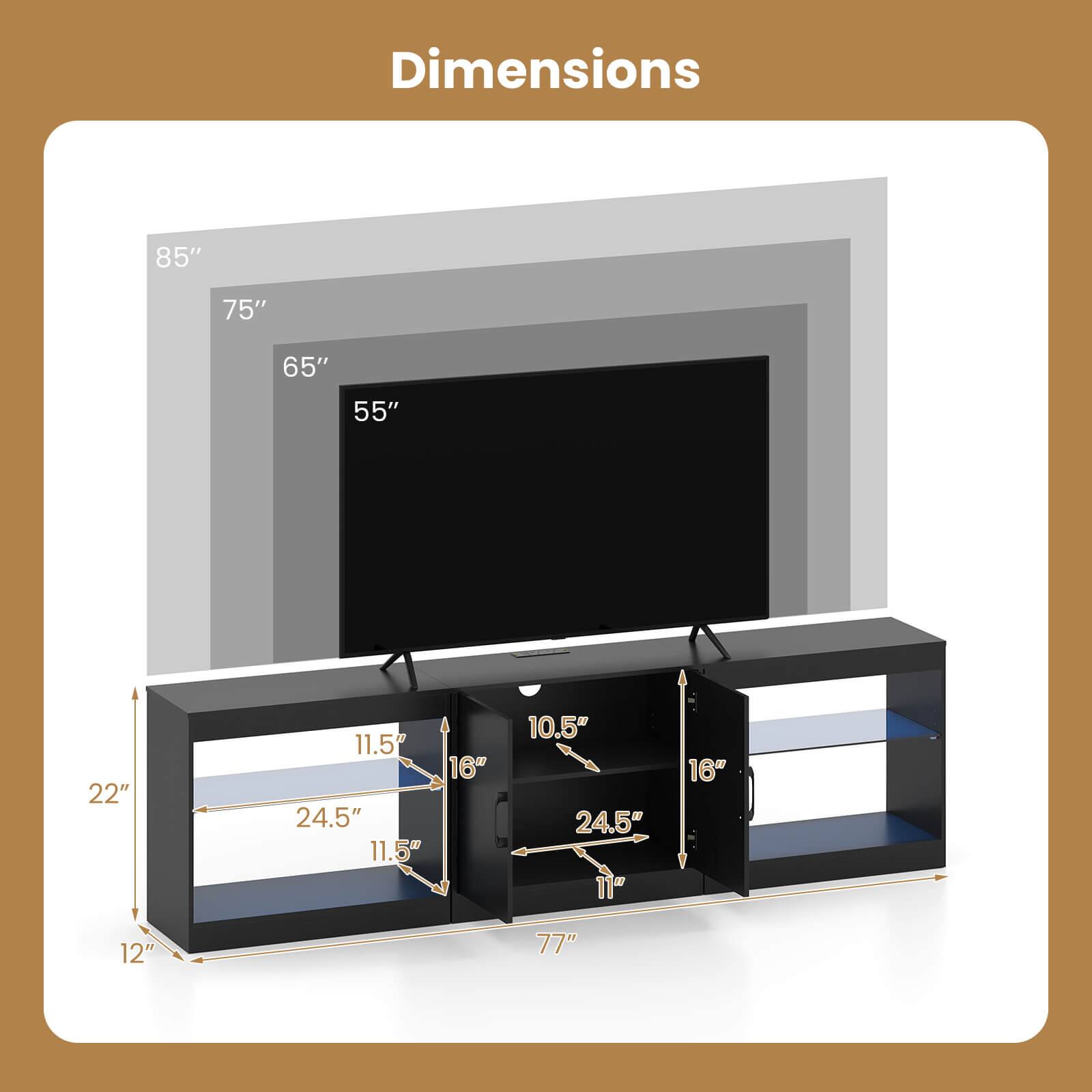 Dimensions: 85", 75", 65", 55", 22", 11.5", 24.5", 11.5", 16", 10.5", 24.5", 11", 16", 12", 77"